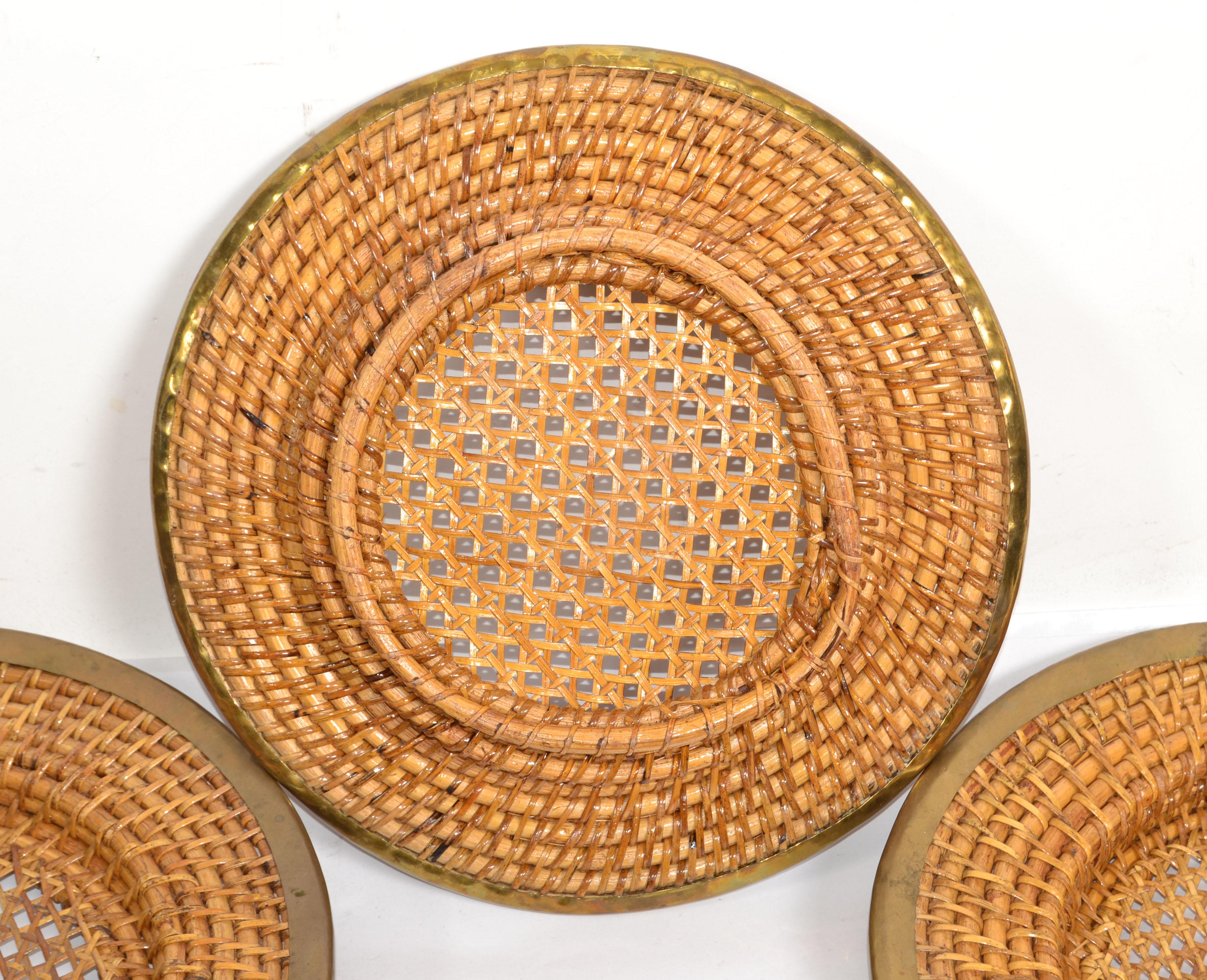 Set 6 Vintage Rattan Wicker Cane Brass Handwoven Place Sets Dinner Plates Boho  For Sale 4