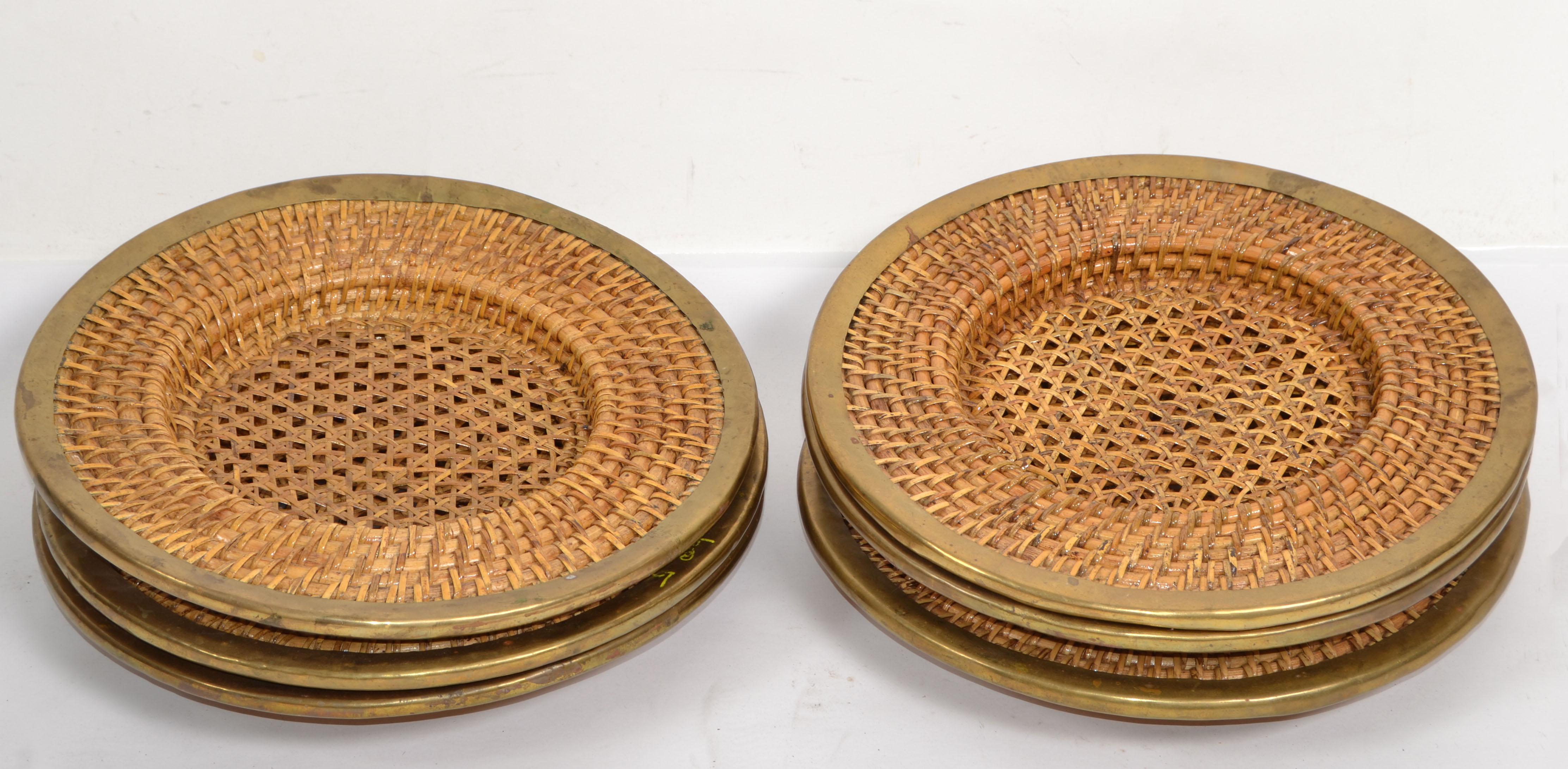 Set 6 Vintage Rattan Wicker Cane Brass Handwoven Place Sets Dinner Plates Boho  For Sale 5