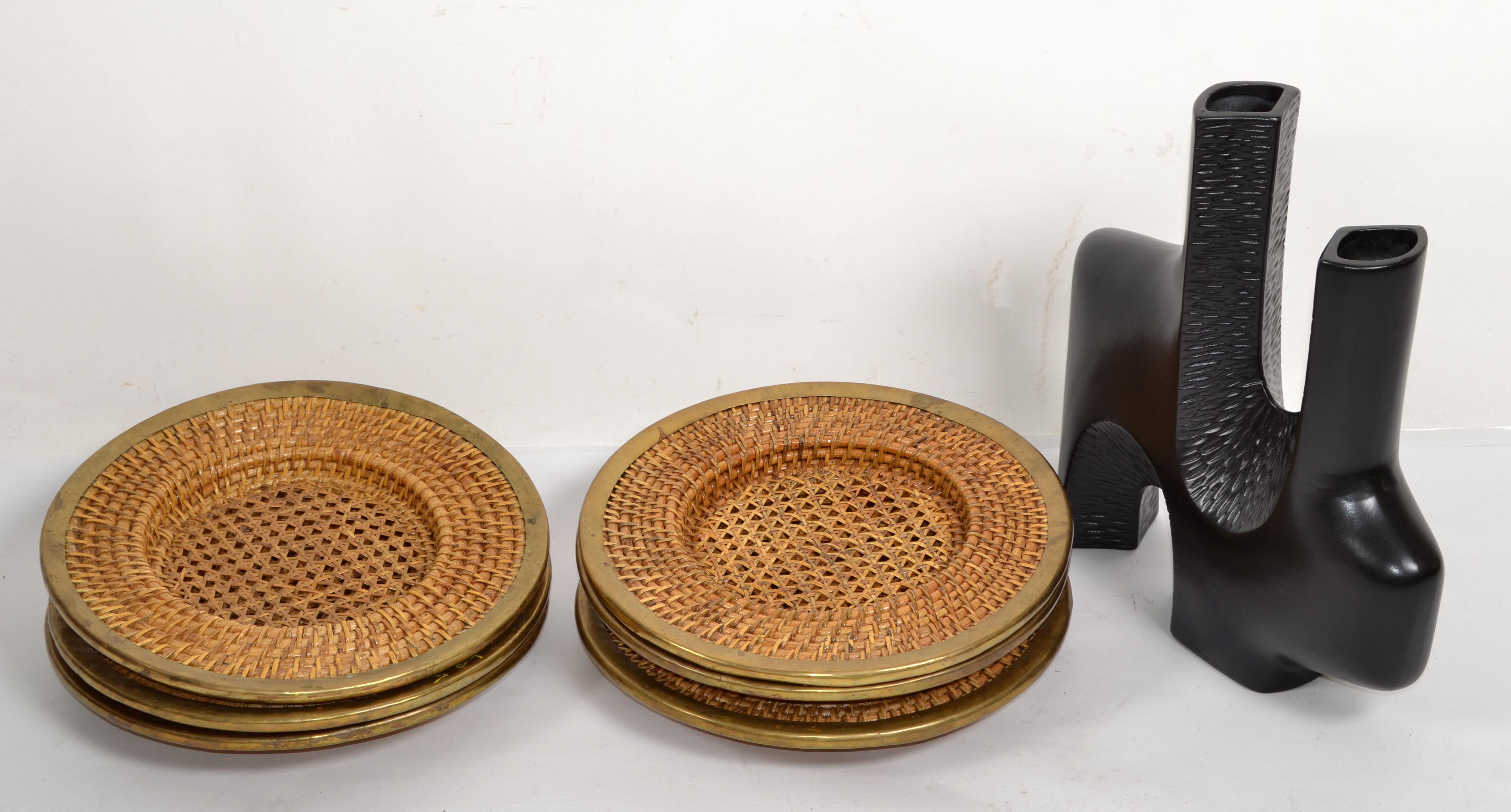 20th Century Set 6 Vintage Rattan Wicker Cane Brass Handwoven Place Sets Dinner Plates Boho  For Sale
