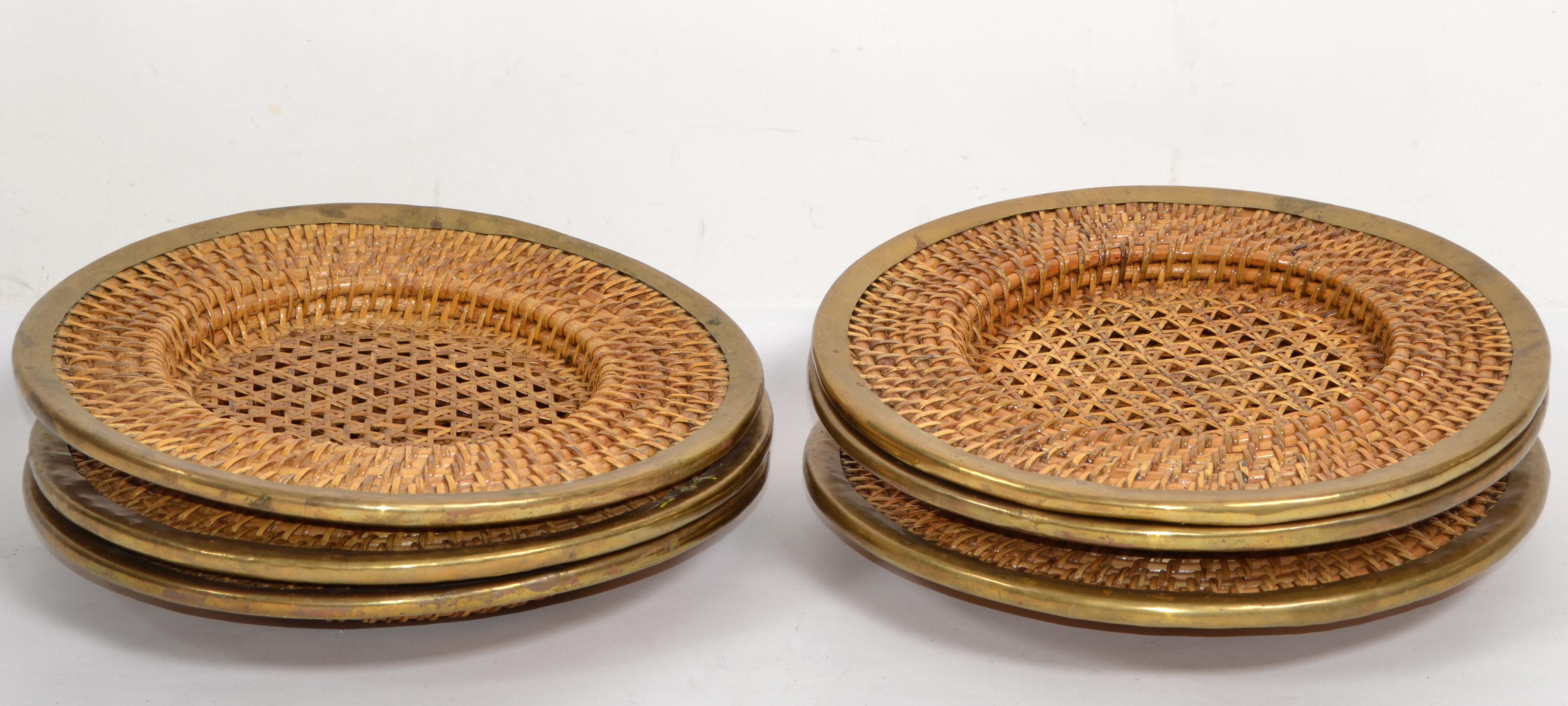 Set 6 Vintage Rattan Wicker Cane Brass Handwoven Place Sets Dinner Plates Boho  For Sale 2