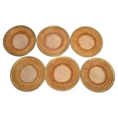 Set 6 Used Rattan Wicker Cane Brass Handwoven Place Sets Dinner Plates Boho 