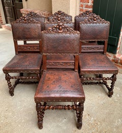 Set of 7 Antique English Carved Oak Dining Chairs Barley Twist Embossed Leather