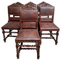 Set of 7 Antique English Carved Oak Dining Chairs Barley Twist Embossed Leather