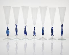Set 7 Cenedese Ballerina Flutes, Cobalt bead and pulegoso Murano Glass, Signed