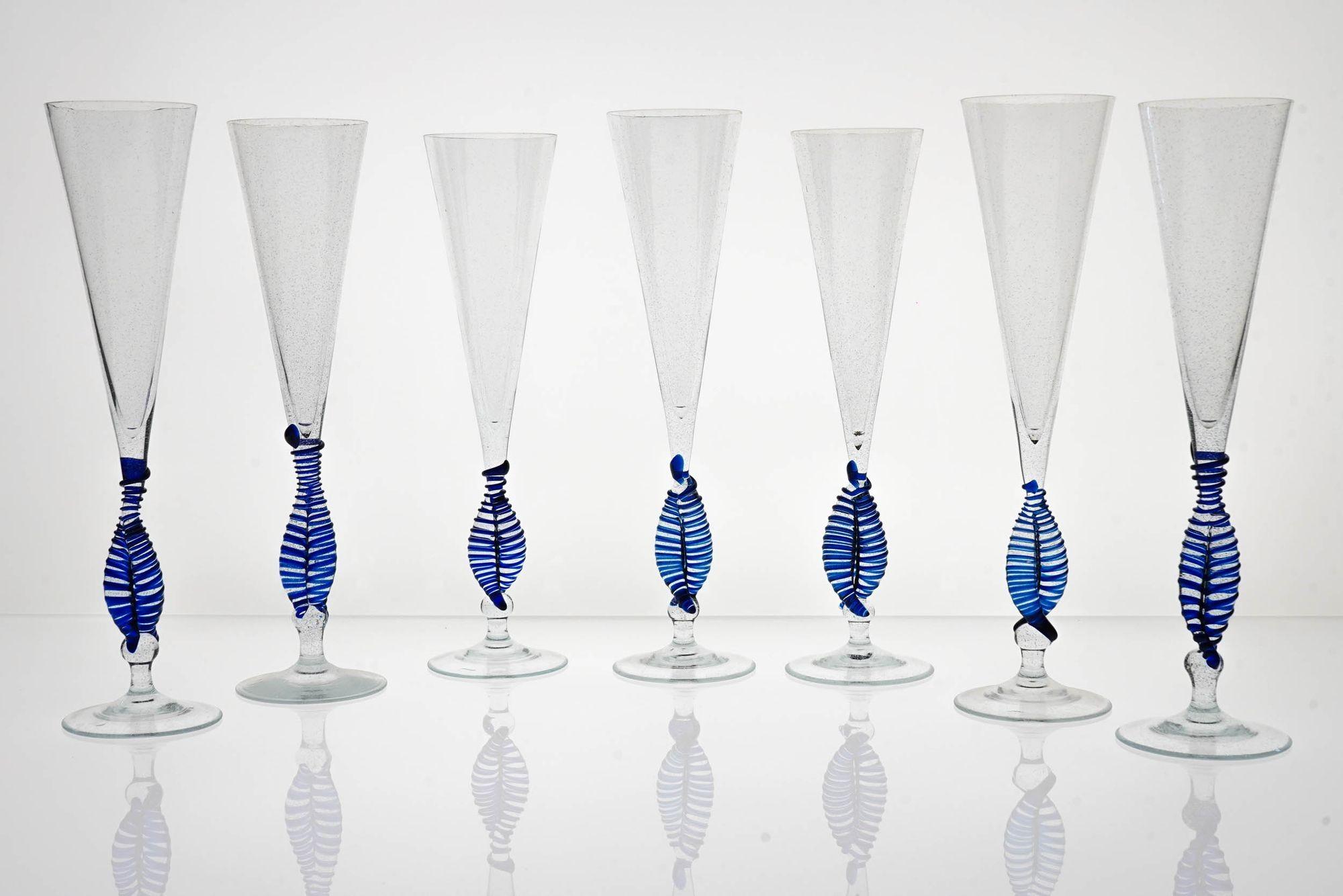 Mid-Century Modern Set 7 Cenedese Ballerina Flutes, Cobalt bead and pulegoso Murano Glass, Signed For Sale