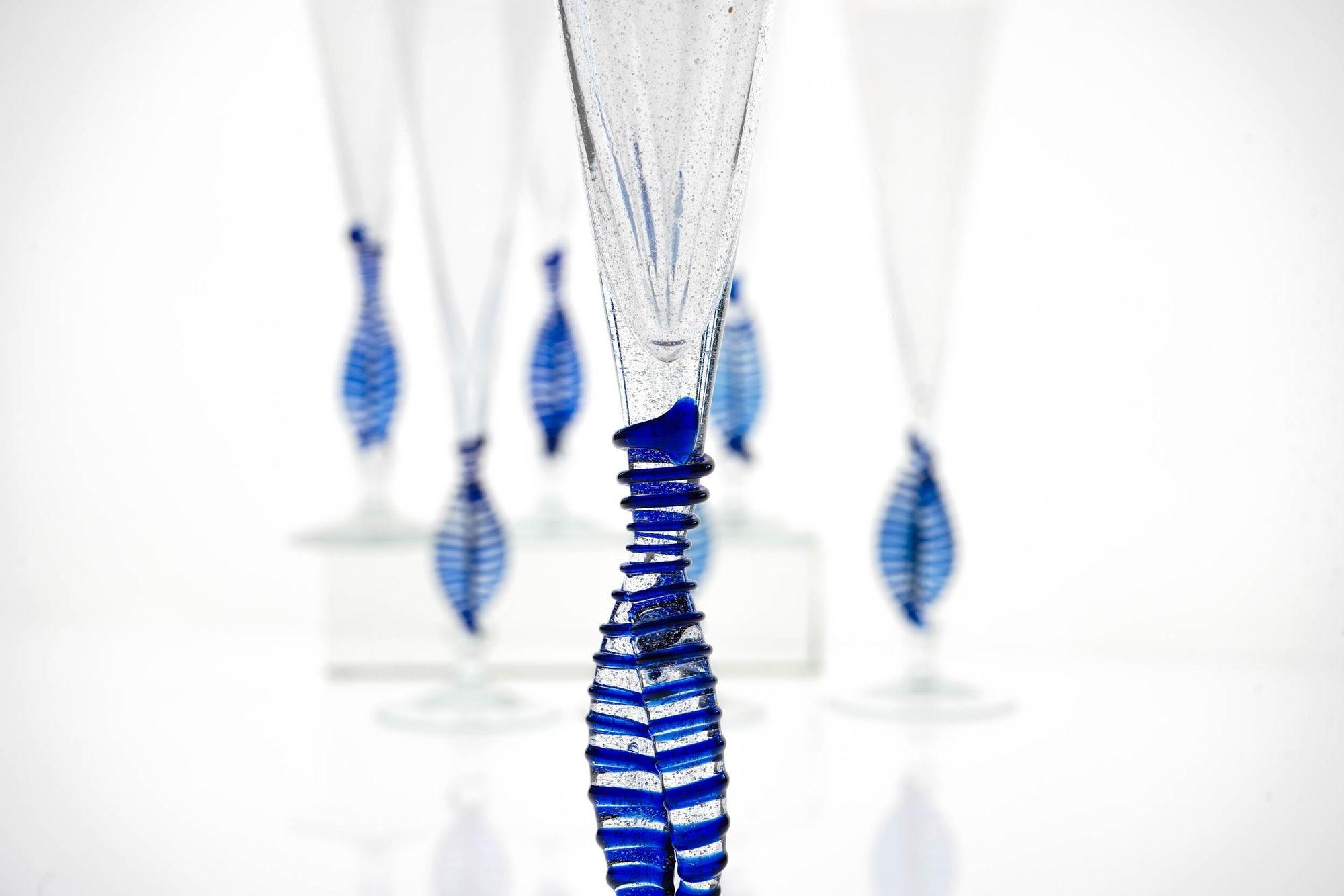 Set 7 Cenedese Ballerina Flutes, Cobalt bead and pulegoso Murano Glass, Signed For Sale 1