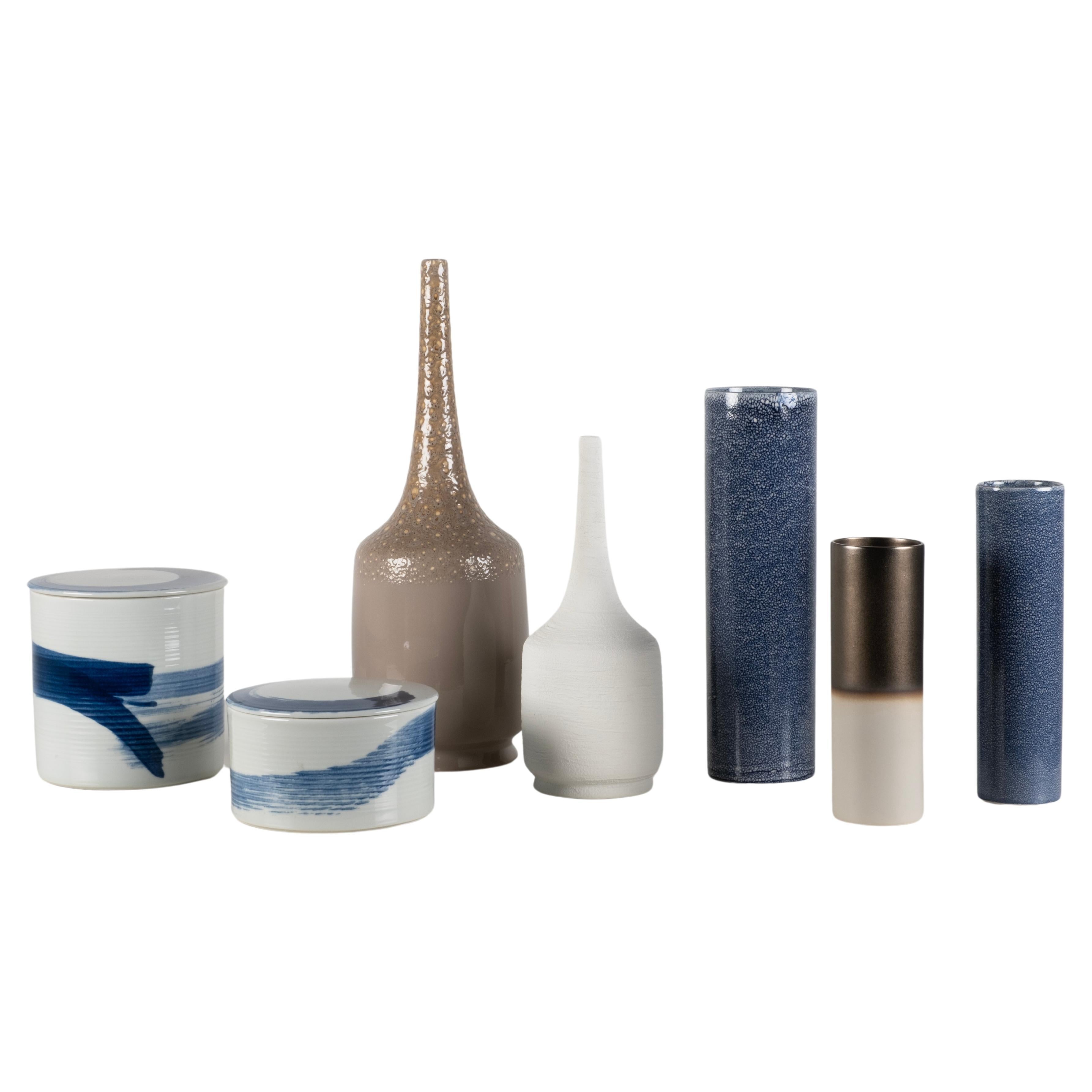 Set/7 Ceramic Pots & Vases, Blue White Bronze, Handmade Portugal Lusitanus Home