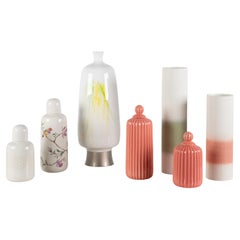 Set/7 Ceramic Pots & Vases, White and Coral, Handmade Portugal by Lusitanus Home