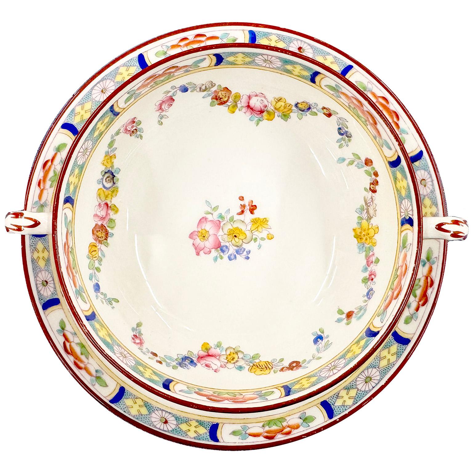 A Set of 7 English Hand-Decorated Minton Fine China Soup Consommé Bowls with Saucers. The beautifully vibrant color hand painted Soup or Consommé bowls, each double handled bowl and saucer plates decorated with a colorful floral design, an intricate