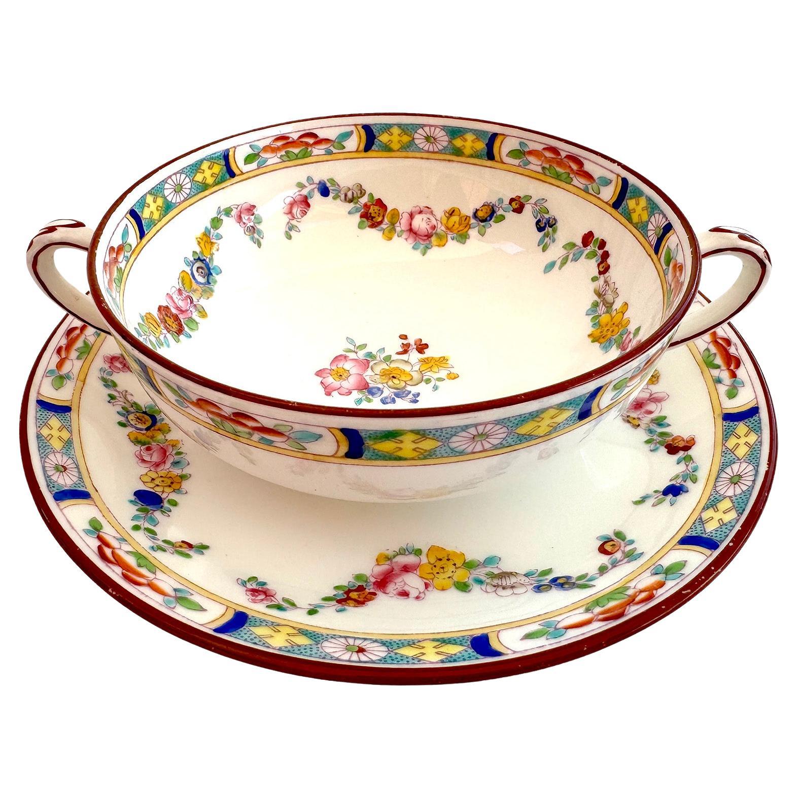 Set 7 English Hand-Decorated Mintons Fine China Soup Consommé Bowls with Saucers For Sale