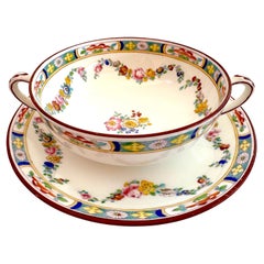 Antique Set 7 English Hand-Decorated Mintons Fine China Soup Consommé Bowls with Saucers