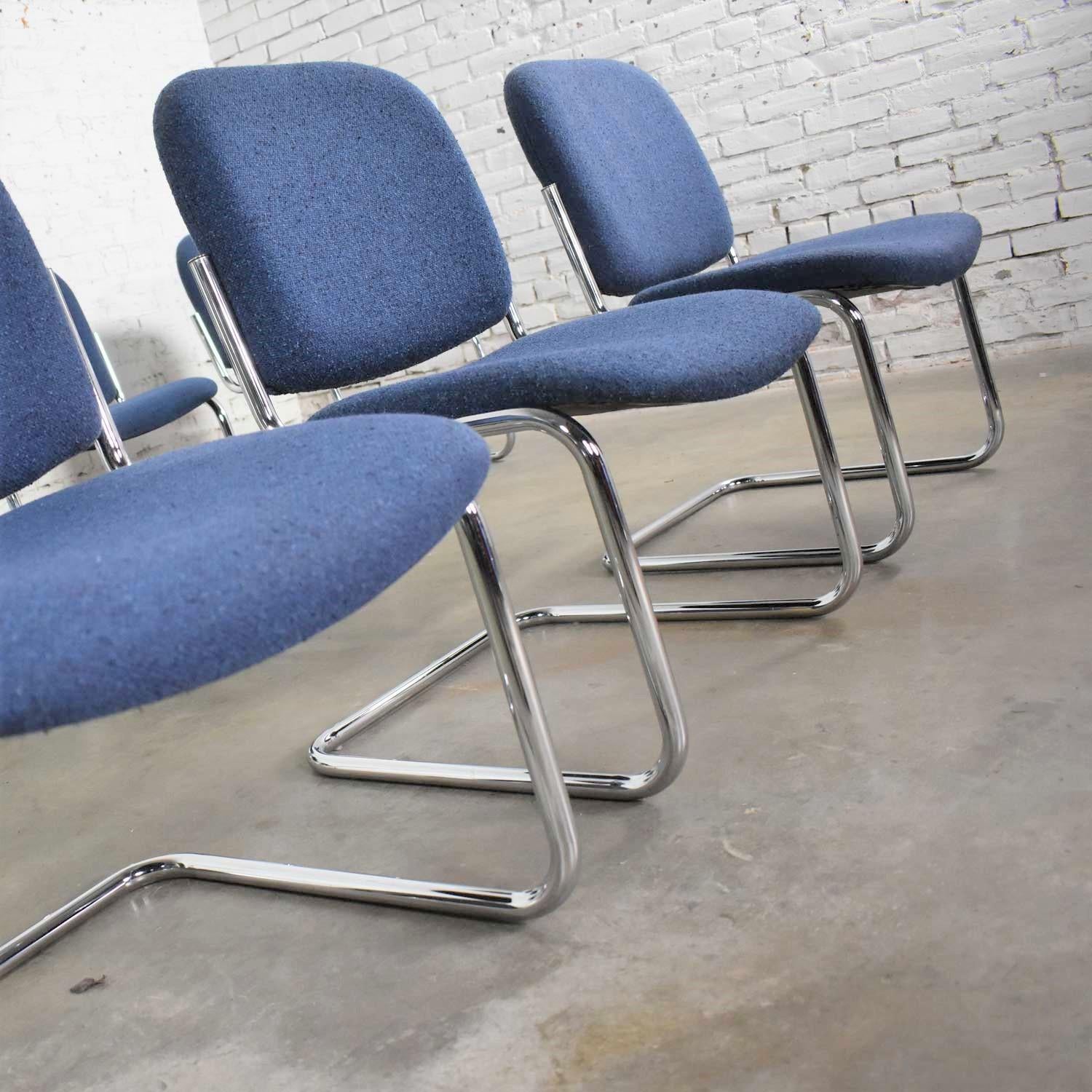 Set 7 Vintage Tubular Chrome Blue Fabric Cantilever Lounge Chair Armless Slipper 5
