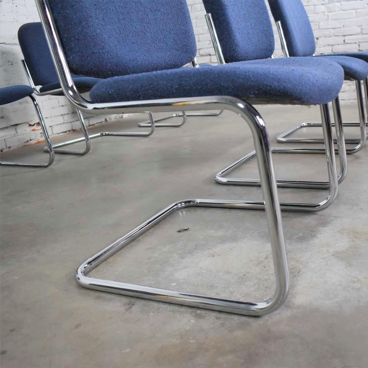 Set 7 Vintage Tubular Chrome Blue Fabric Cantilever Lounge Chair Armless Slipper 6