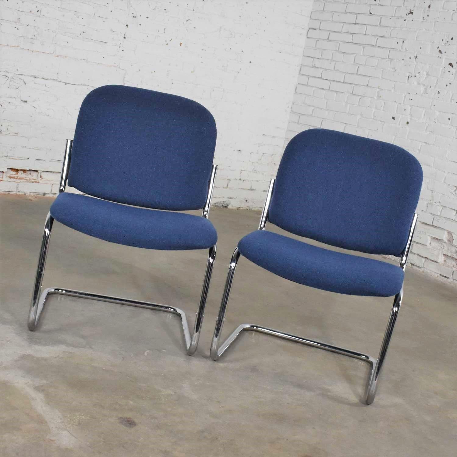 Set 7 Vintage Tubular Chrome Blue Fabric Cantilever Lounge Chair Armless Slipper 9