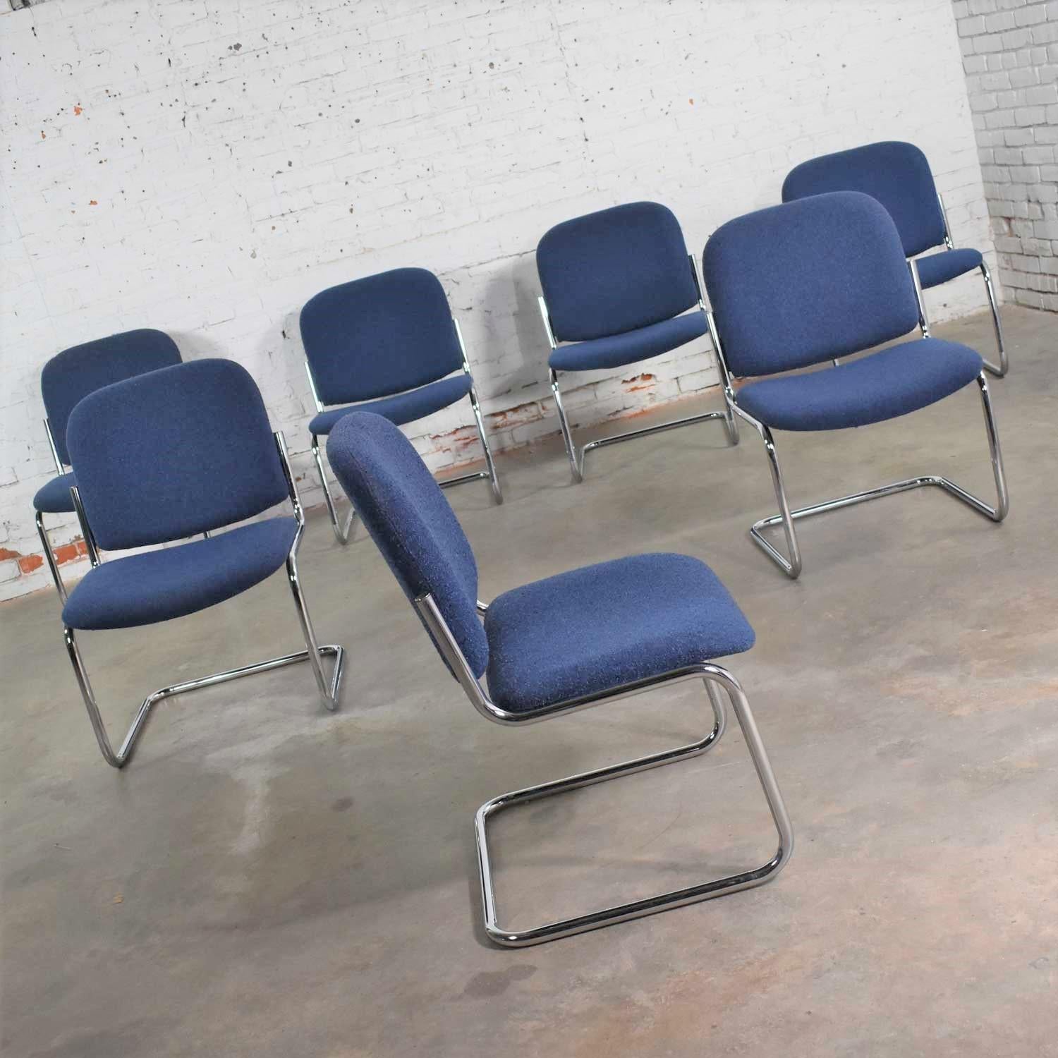 Bauhaus Set 7 Vintage Tubular Chrome Blue Fabric Cantilever Lounge Chair Armless Slipper