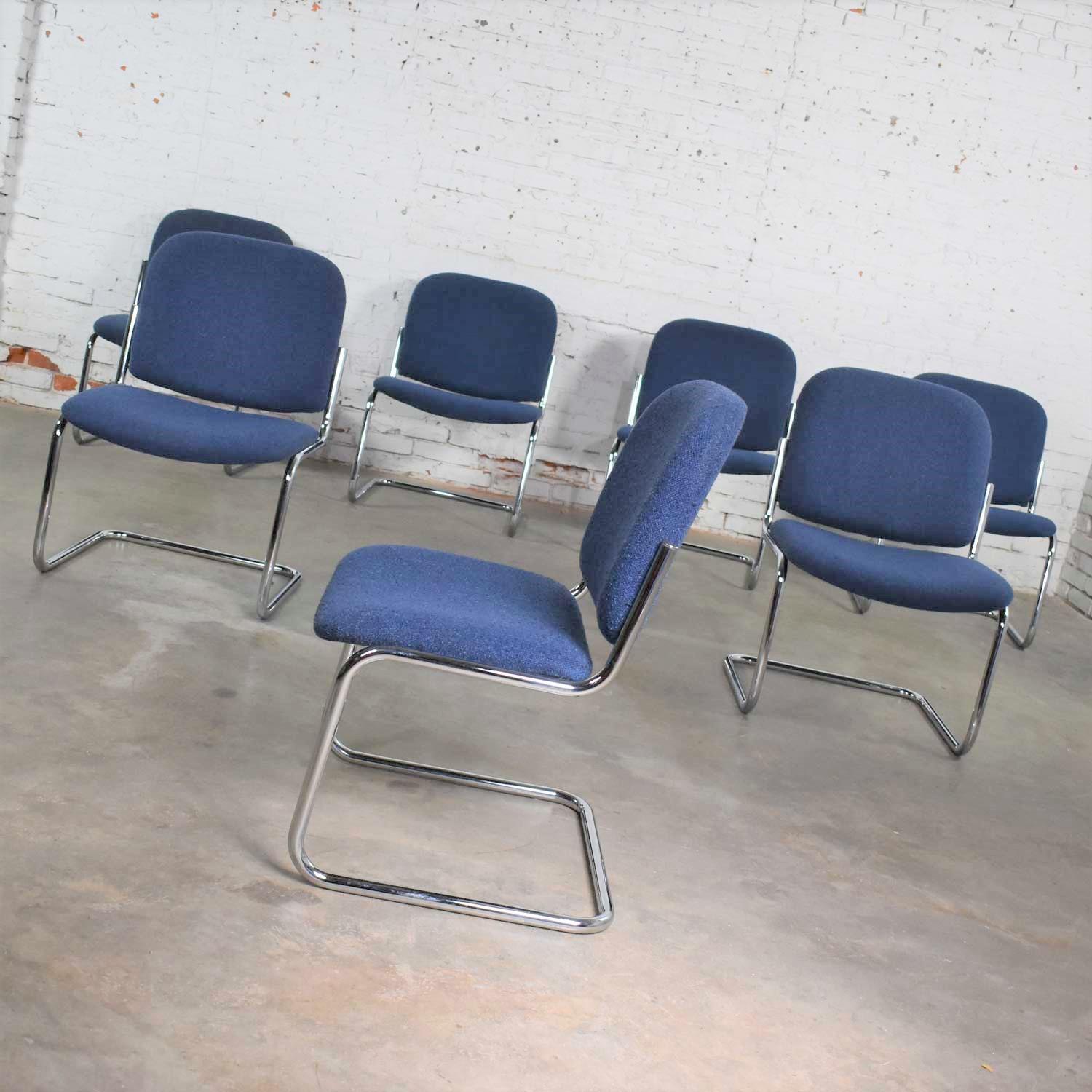 American Set 7 Vintage Tubular Chrome Blue Fabric Cantilever Lounge Chair Armless Slipper