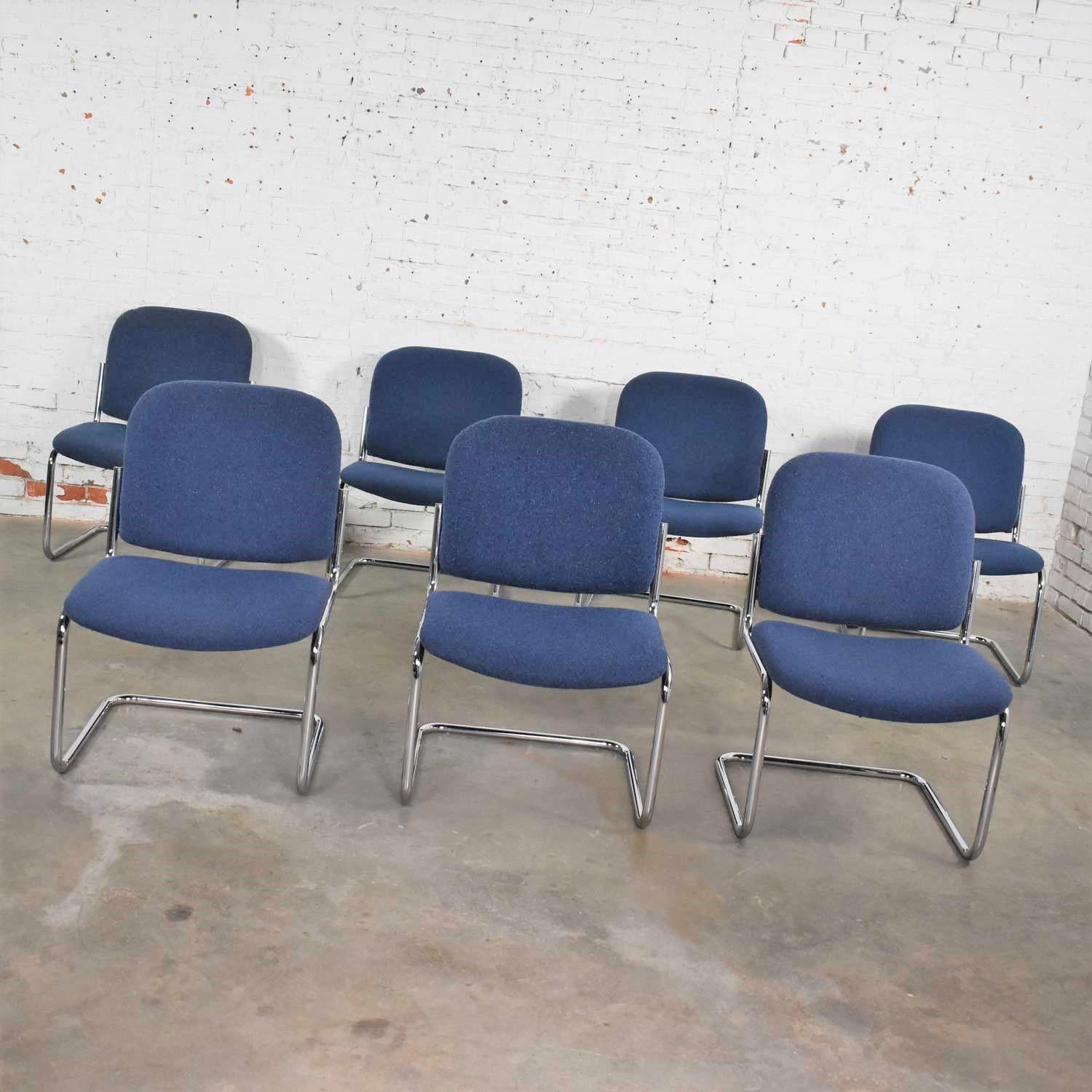 20th Century Set 7 Vintage Tubular Chrome Blue Fabric Cantilever Lounge Chair Armless Slipper