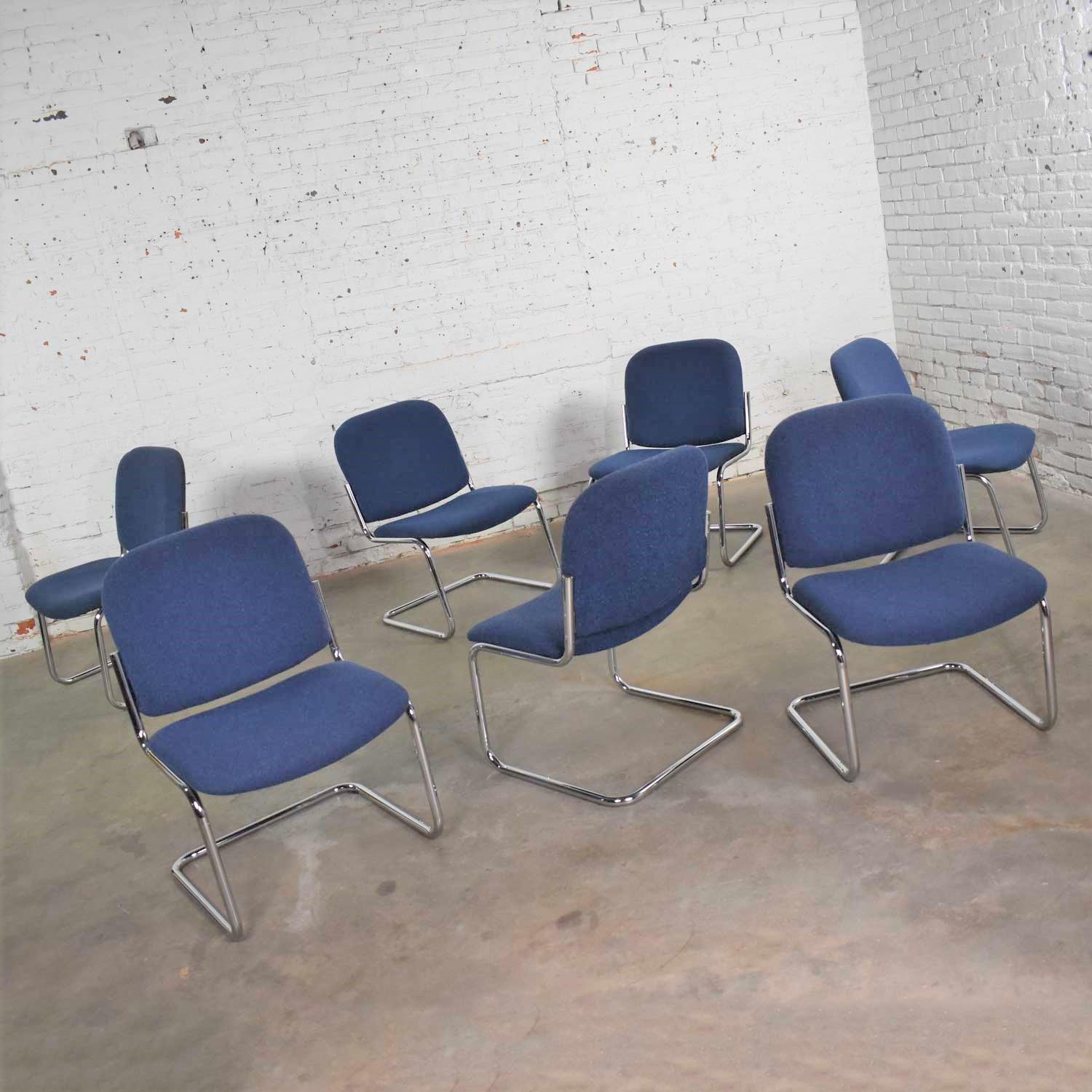 Set 7 Vintage Tubular Chrome Blue Fabric Cantilever Lounge Chair Armless Slipper 1
