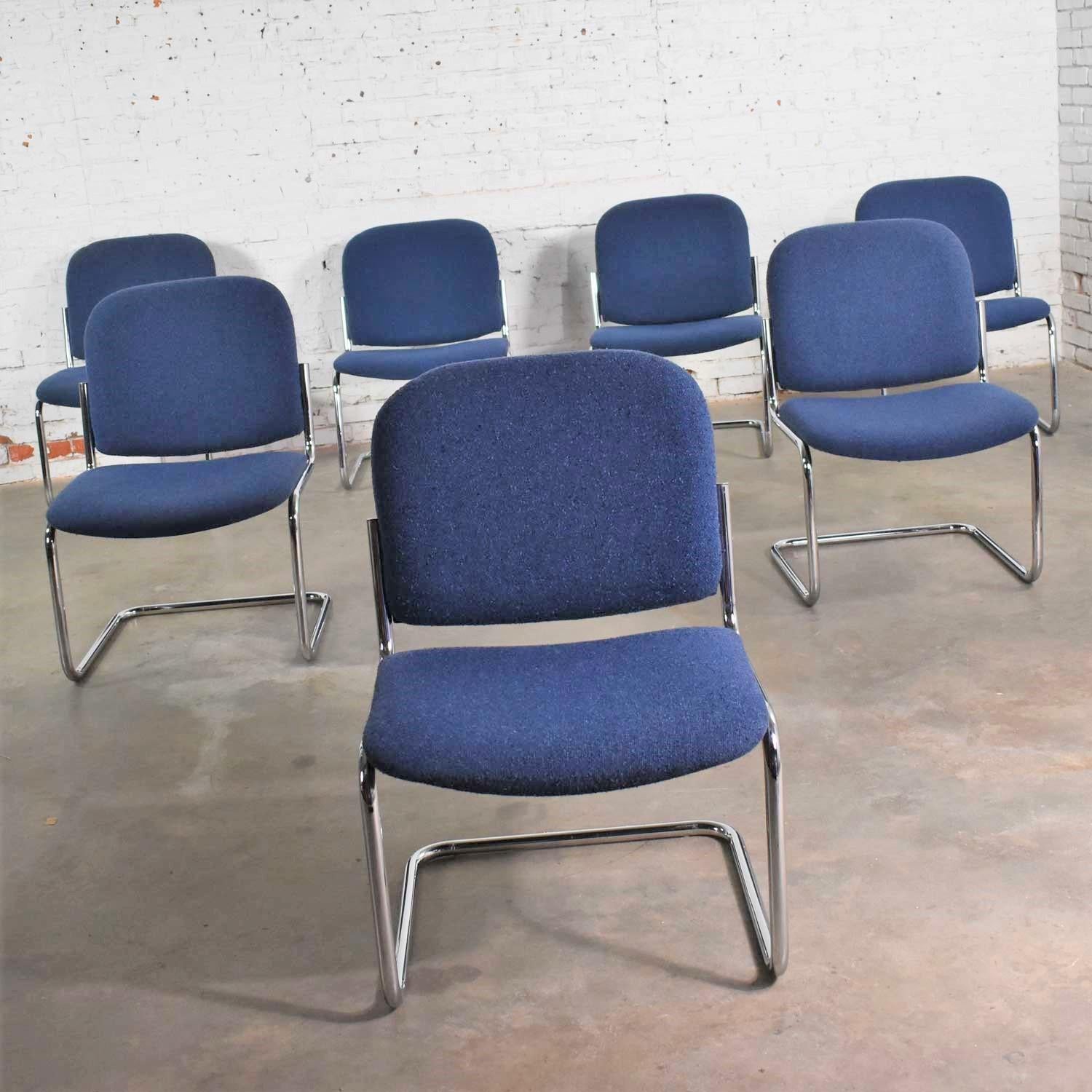 Set 7 Vintage Tubular Chrome Blue Fabric Cantilever Lounge Chair Armless Slipper 2