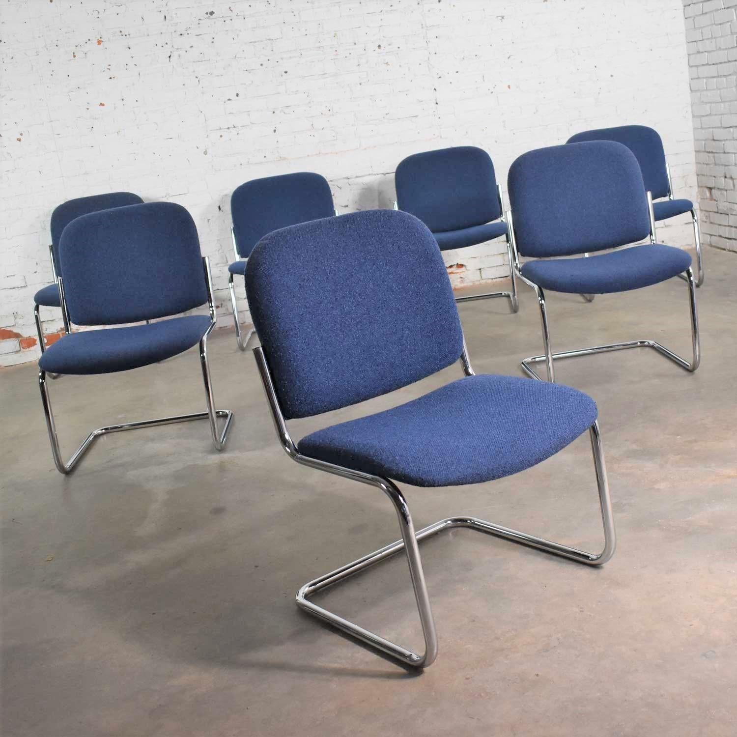 Set 7 Vintage Tubular Chrome Blue Fabric Cantilever Lounge Chair Armless Slipper 3