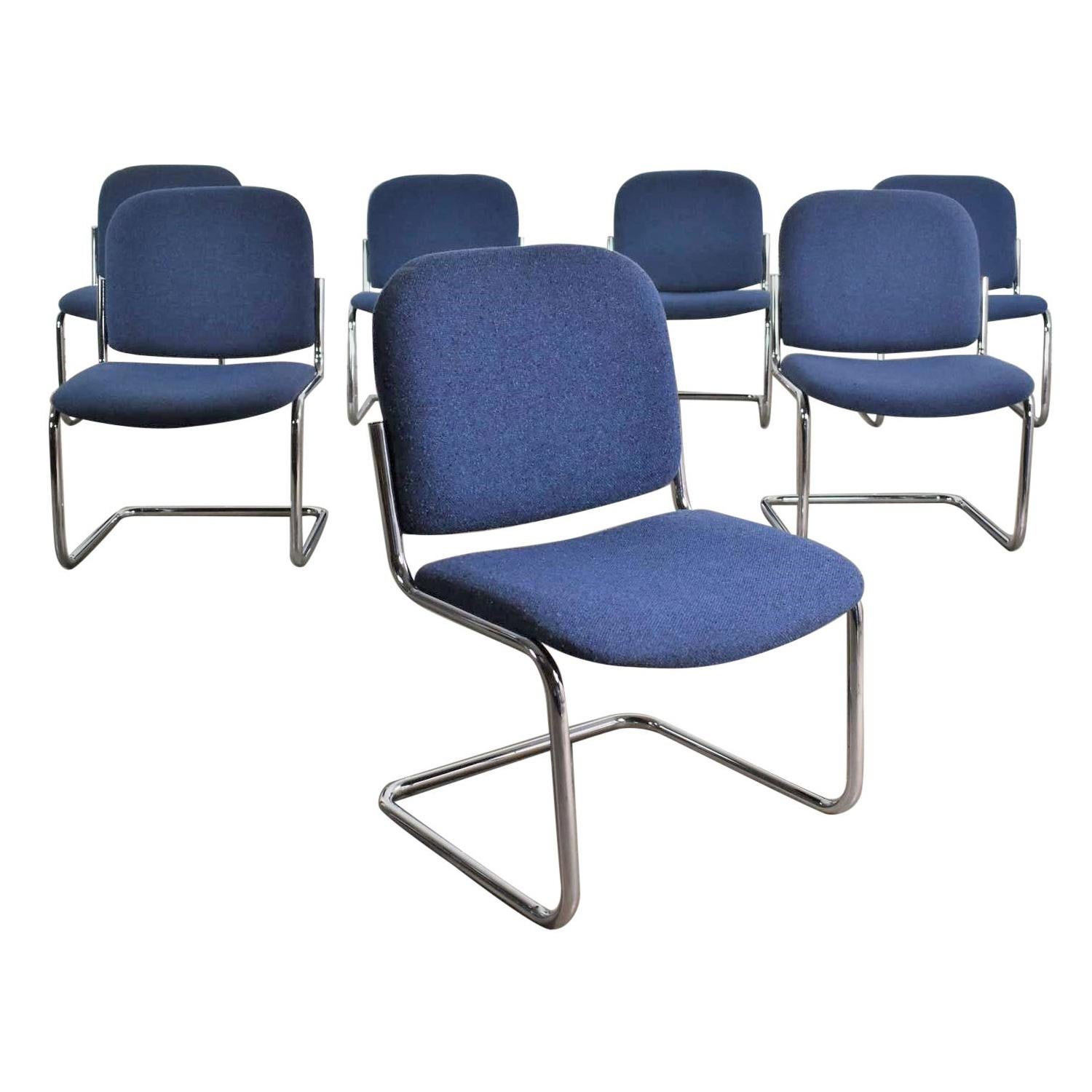 Set 7 Vintage Tubular Chrome Blue Fabric Cantilever Lounge Chair Armless Slipper