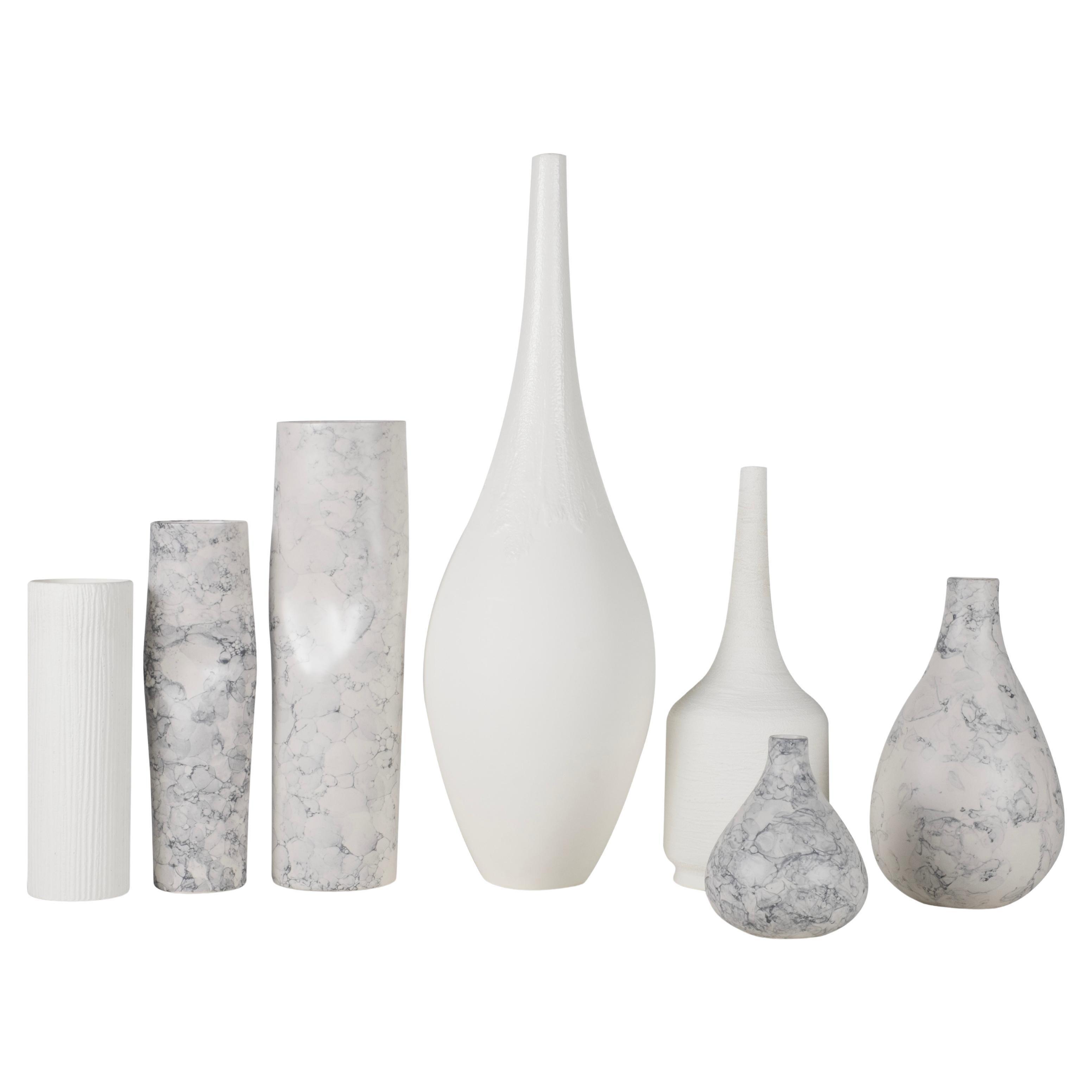Set/7 White Ceramic Vases w/ grey paint, Handmade in Portugal by Lusitanus Home