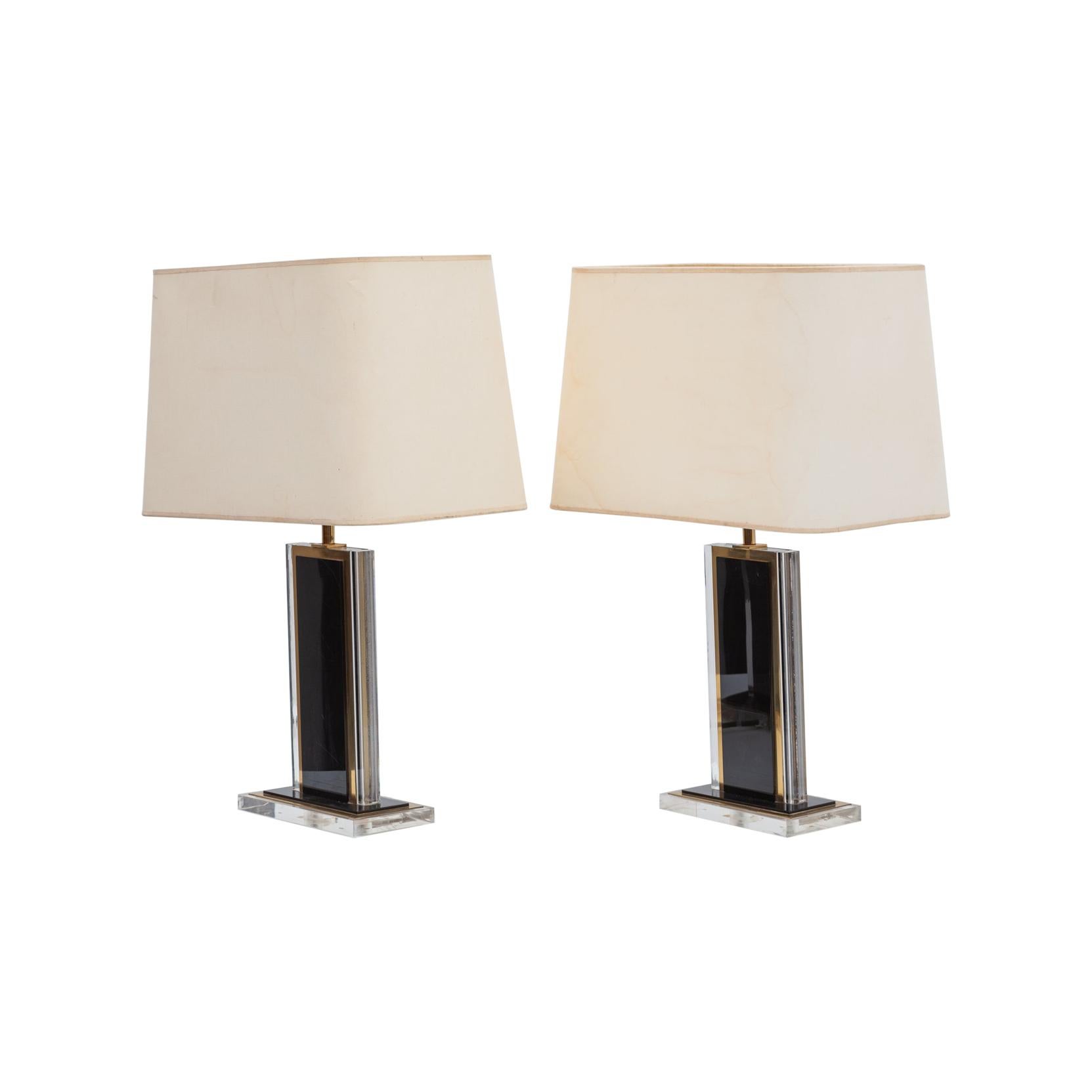 Set of 1970s Black and Clear Lucite and Brass Table Lamps, France For Sale