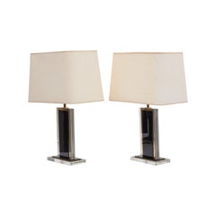 Set of 1970s Black and Clear Lucite and Brass Table Lamps, France