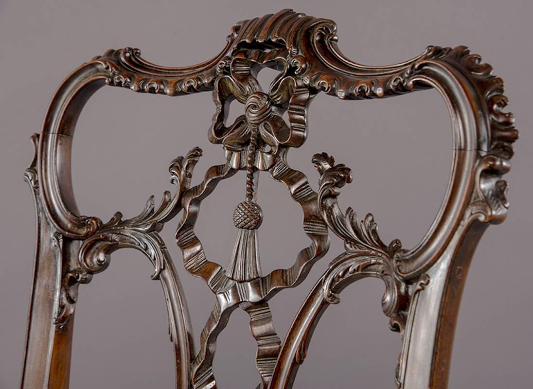 Set Eight 19th Century Hand-Carved Chippendale Tassel Back Dining Chairs 8