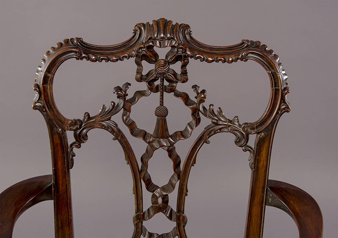 Set Eight 19th Century Hand-Carved Chippendale Tassel Back Dining Chairs 9