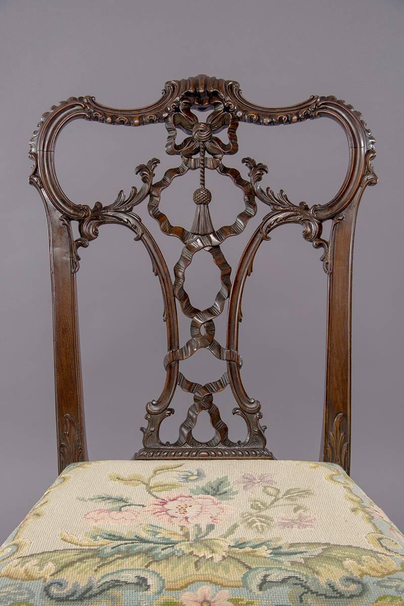 English Set Eight 19th Century Hand-Carved Chippendale Tassel Back Dining Chairs