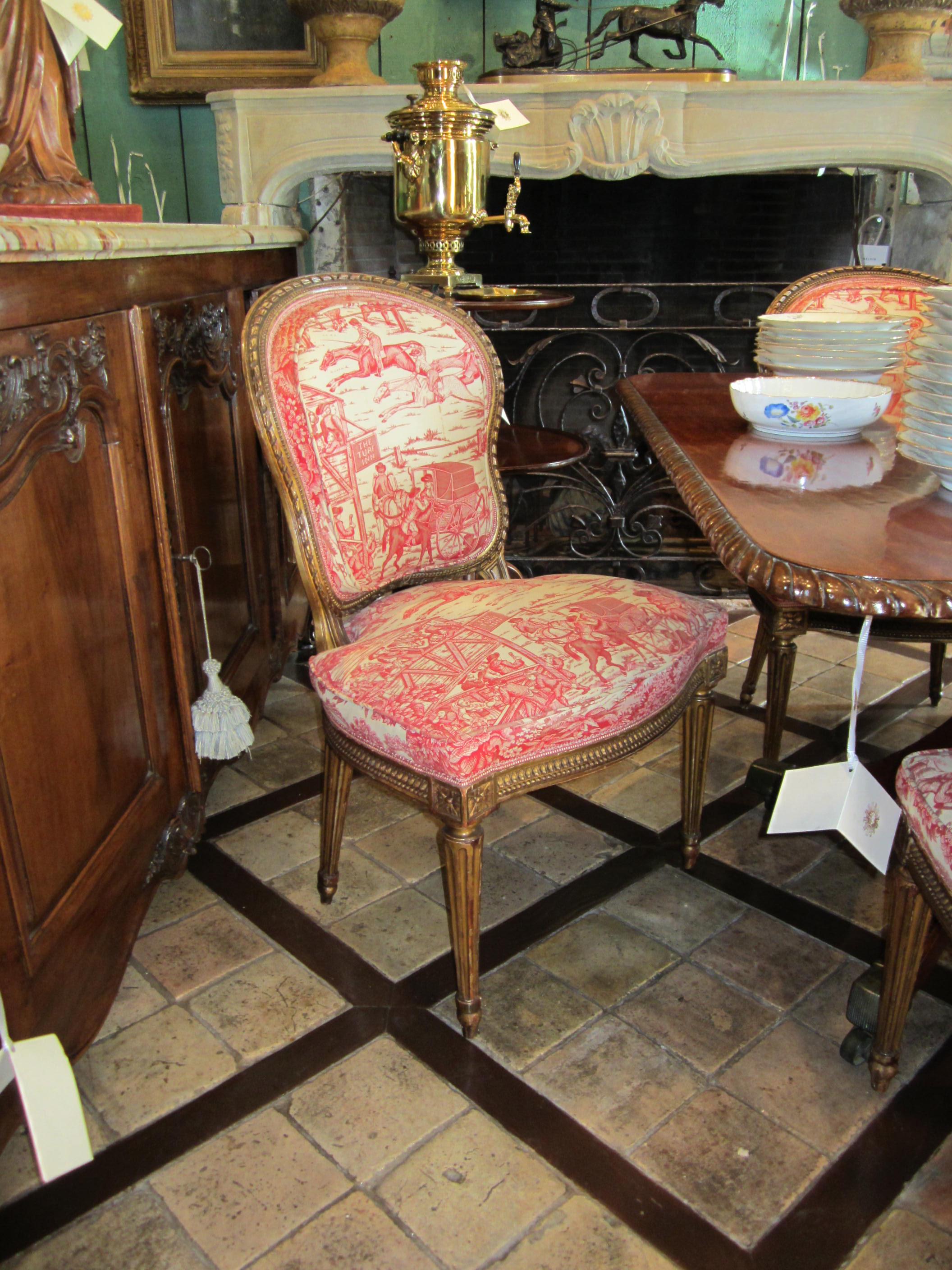 Set 8 19th C. Louis XVI Style Carved Gilt wood Dining / Side Chairs Pink Fabric For Sale 9