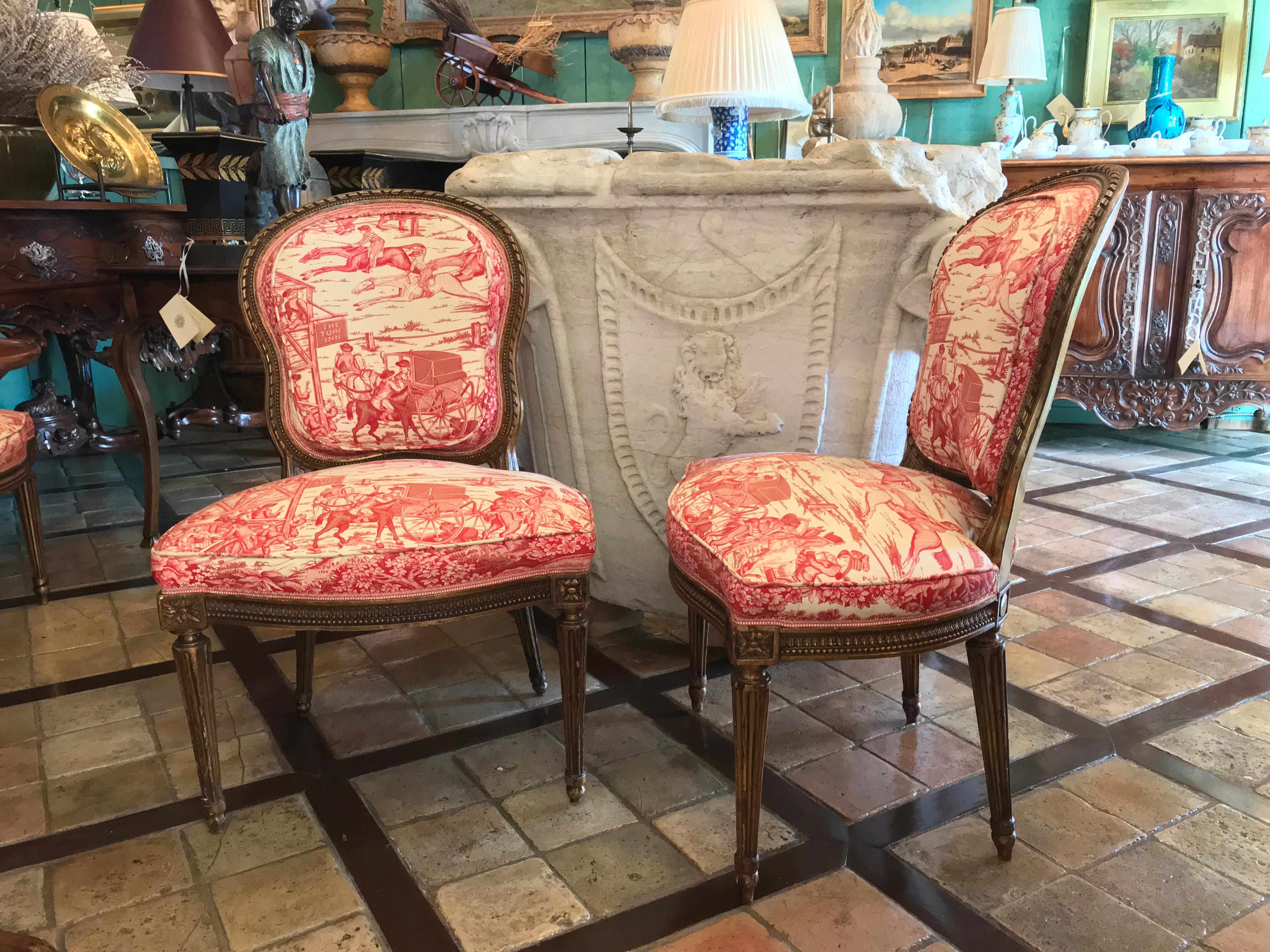 Set 8 19th C. Louis XVI Style Carved Gilt wood Dining / Side Chairs Pink Fabric In Good Condition For Sale In West Hollywood, CA