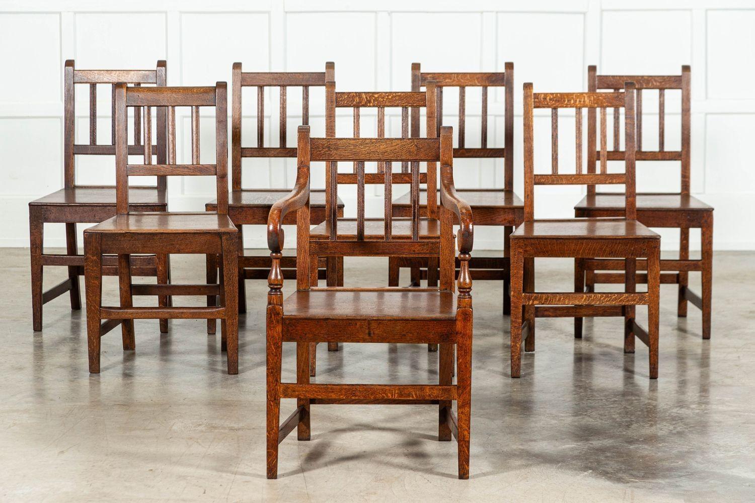 circa 1890
Set 8 19thC English Oak Vernacular Chairs
sku 1810
W34 x D38 x H86 cm
Seat height 43 cm
Weight 5 kg
Captain seat
W41 x D41 x H84 cm
Seat height 41 cm
Weight 7 kg