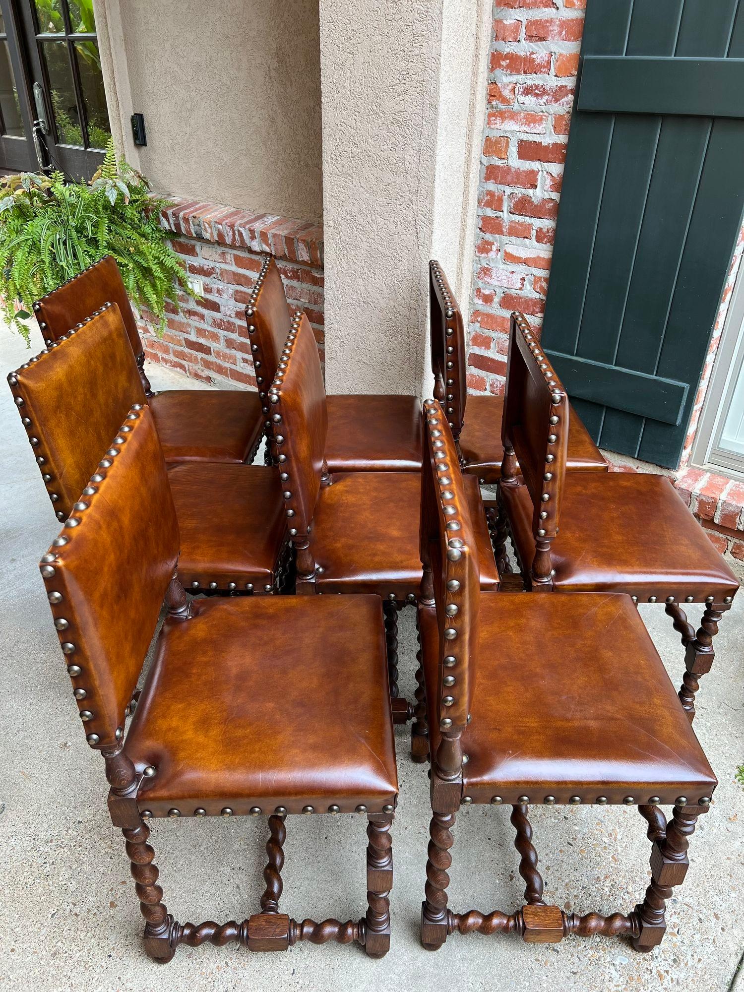 Set 8 Antique English Barley Twist Dining Chairs Oak Brass Brown Leather 3