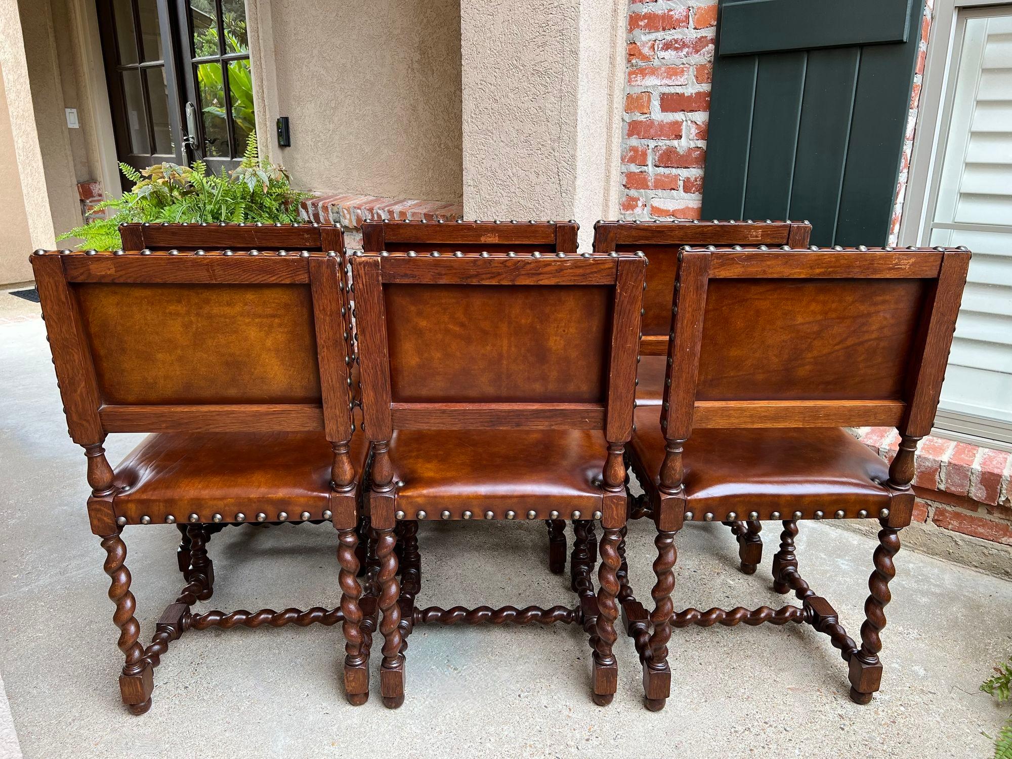 Set 8 Antique English Barley Twist Dining Chairs Oak Brass Brown Leather 5