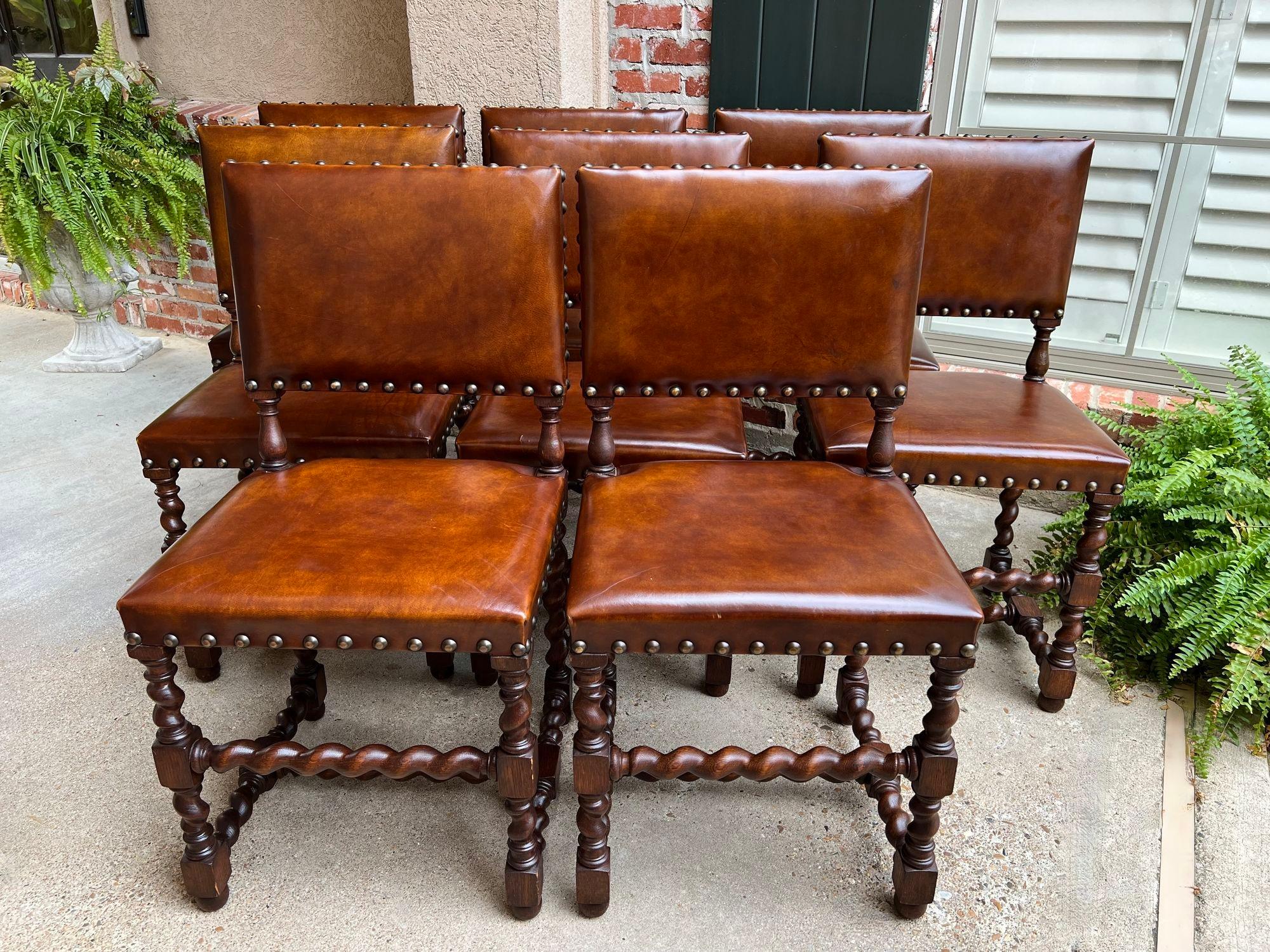 Set 8 Antique English Barley Twist Dining Chairs Oak Brass Brown Leather 7