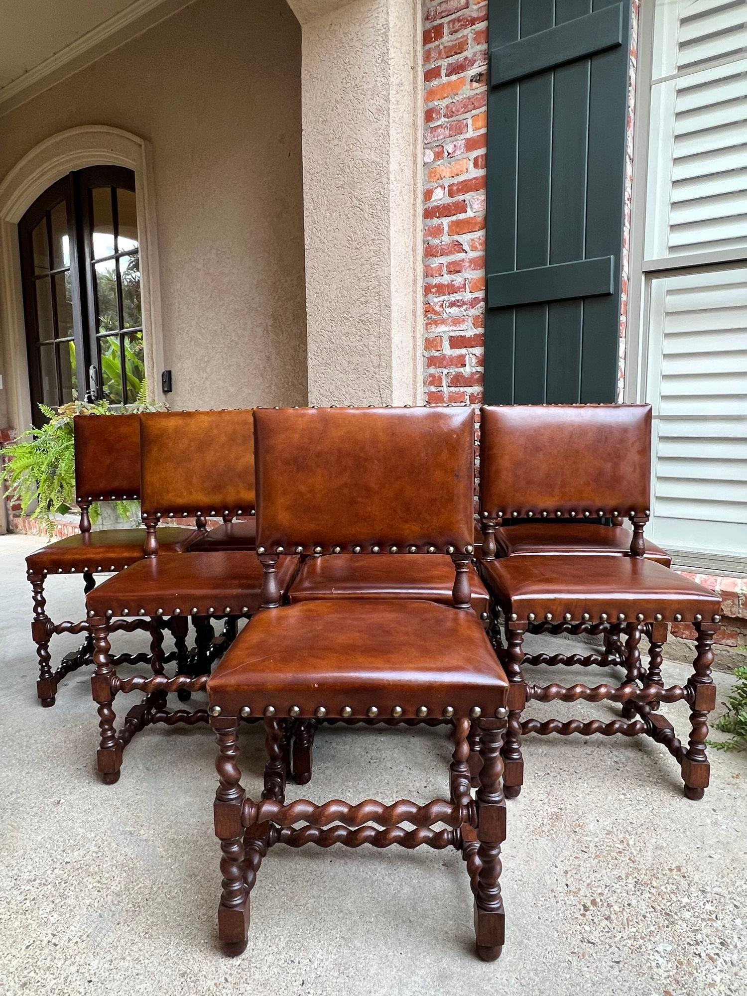Set 8 Antique English Barley Twist Dining Chairs Oak Brass Brown Leather 9