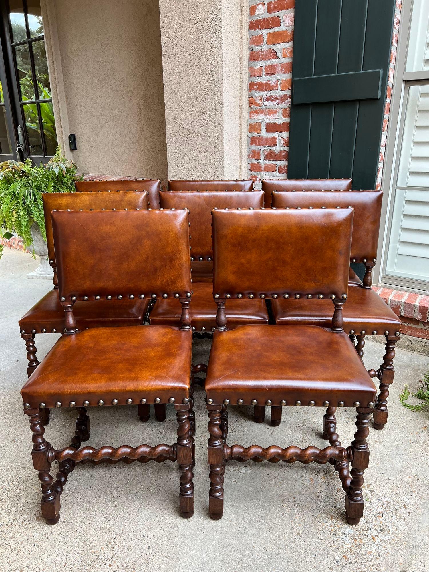 Set 8 Antique English Barley Twist Dining Chairs Oak Brass Brown Leather 10