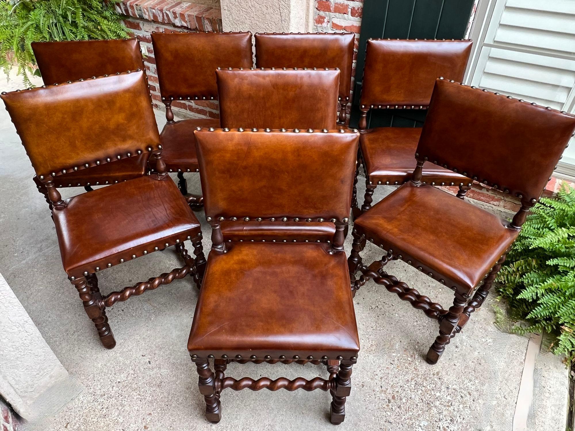 Set 8 Antique English Barley Twist Dining Chairs Oak Brass Brown Leather.

Direct from England, a beautiful set of EIGHT (8) antique English oak dining or side chairs!
Gorgeous English barley twist legs, both front and back, as well as barley twist