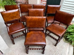 Set 8 Antique English Barley Twist Dining Chairs Oak Brass Brown Leather