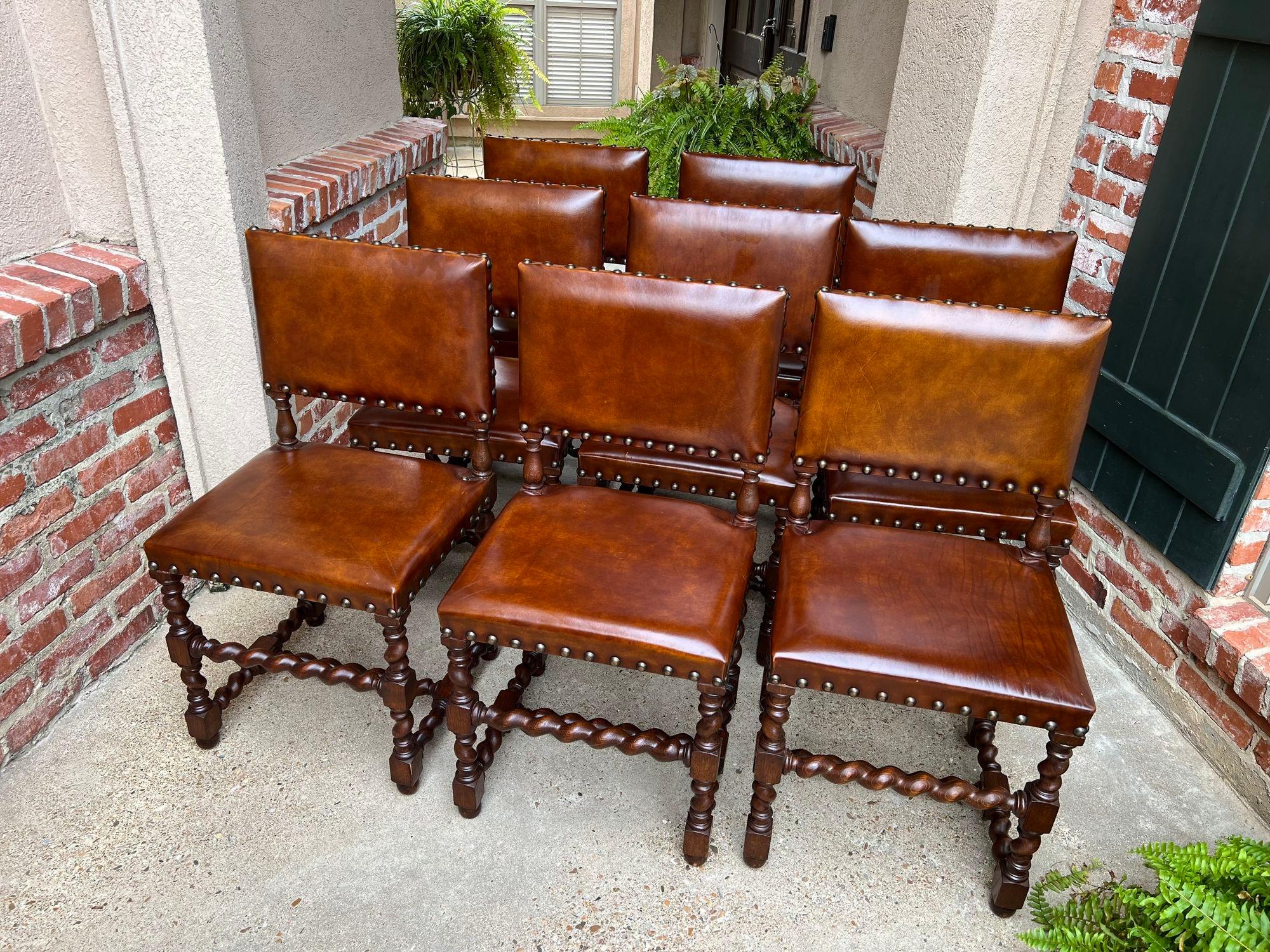 Jacobean Set 8 Antique English Barley Twist Dining Chairs Oak Brass Brown Leather