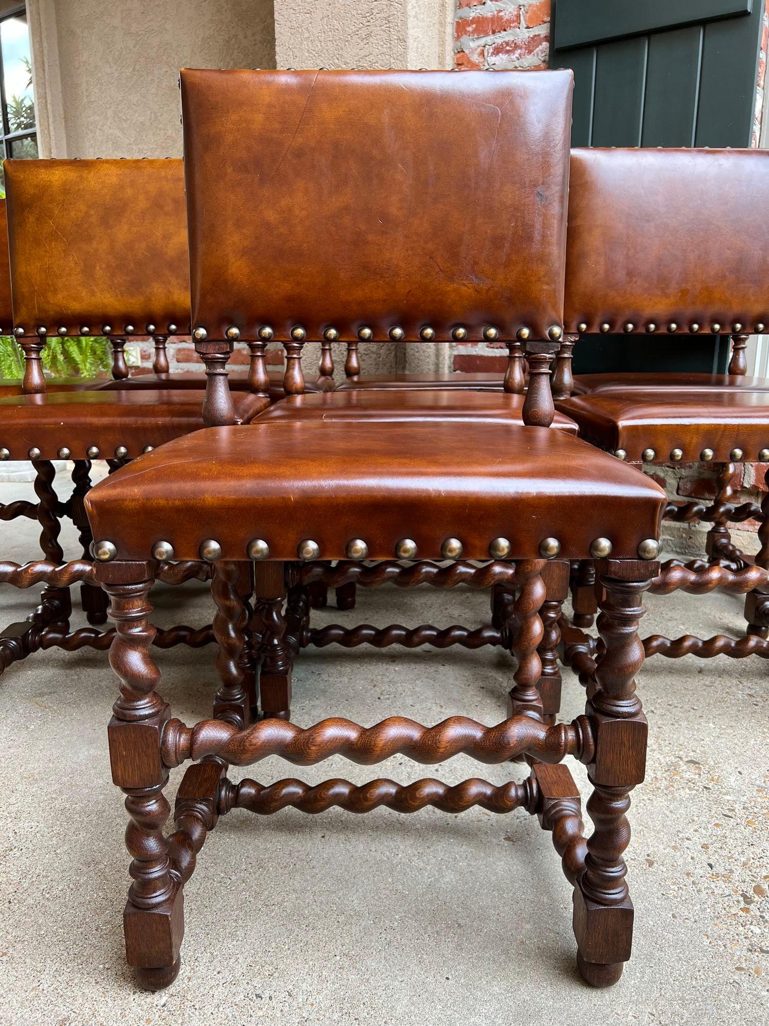 Mid-20th Century Set 8 Antique English Barley Twist Dining Chairs Oak Brass Brown Leather