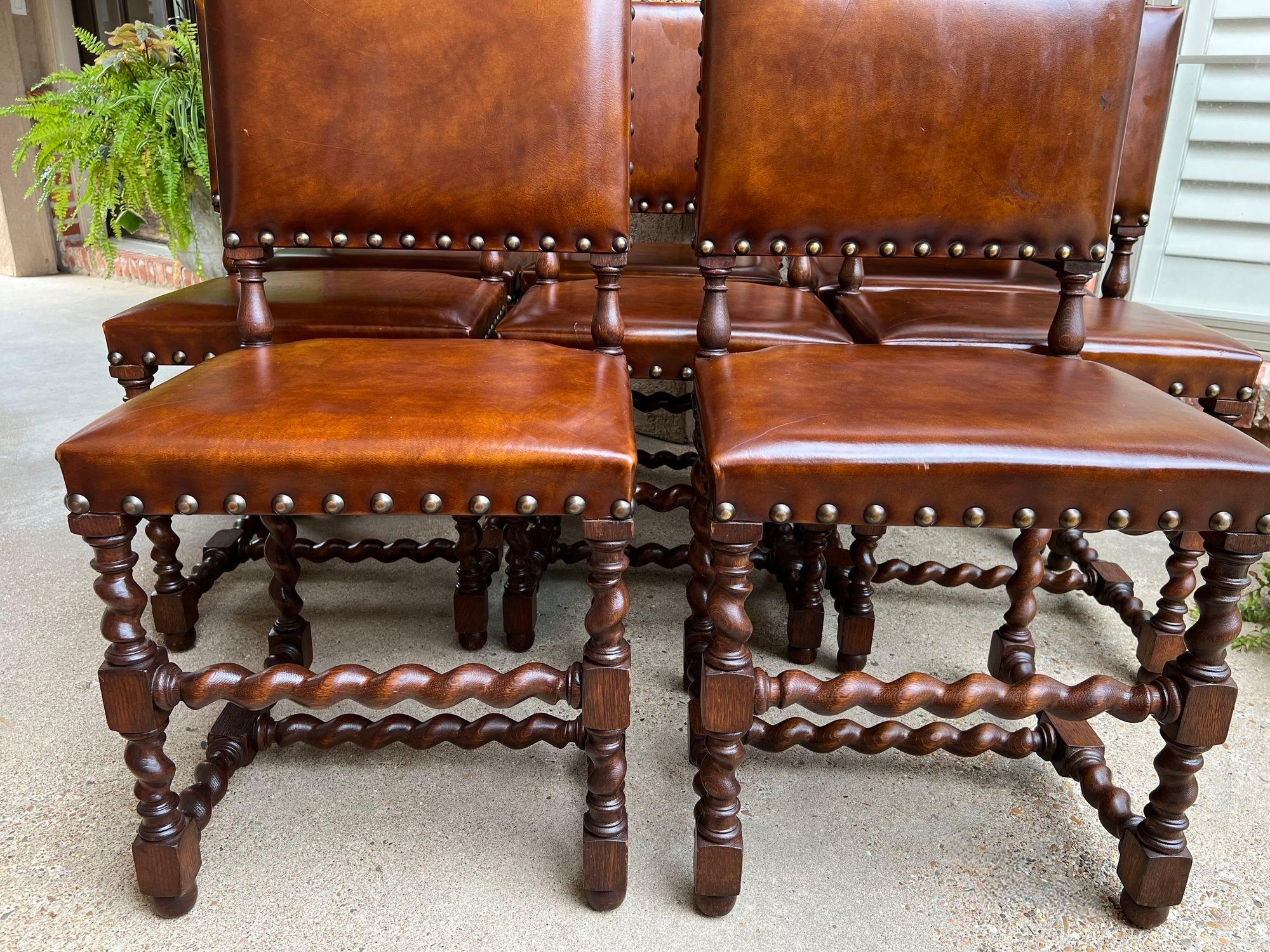 Set 8 Antique English Barley Twist Dining Chairs Oak Brass Brown Leather 1