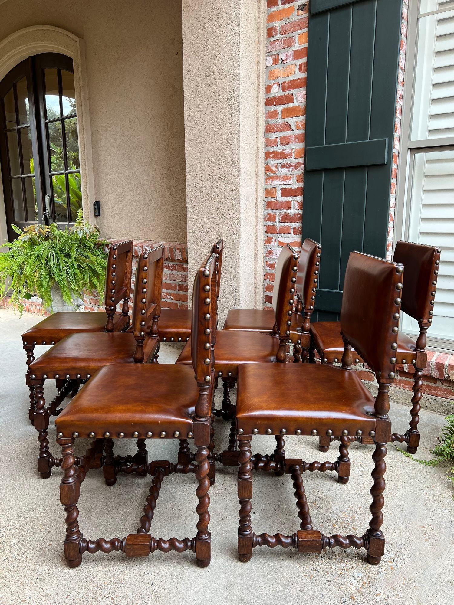 Set 8 Antique English Barley Twist Dining Chairs Oak Brass Brown Leather 2