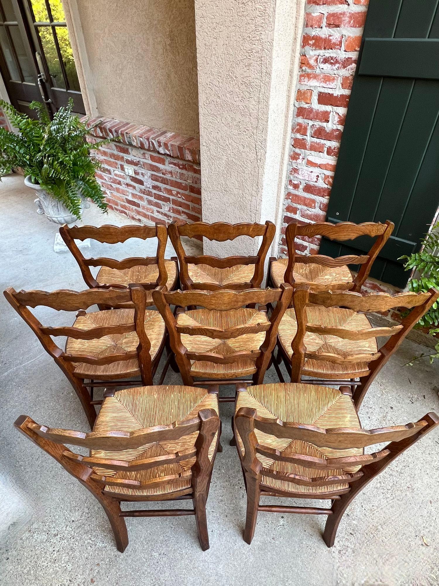 Set 8 Antique French Country Dining Chairs Carved Oak Rush Seat Ladder Back For Sale 5