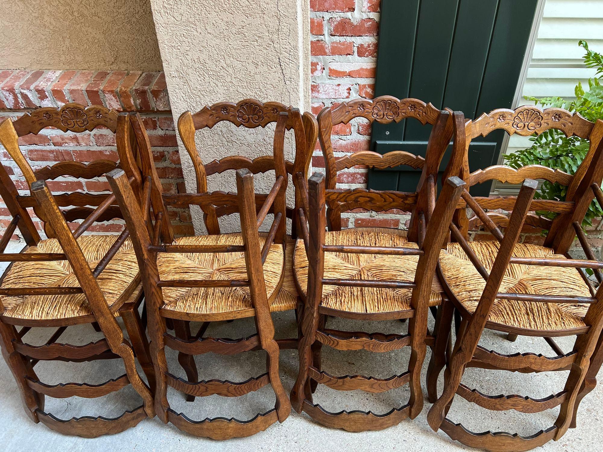 Set 8 Antique French Country Dining Chairs Carved Oak Rush Seat Ladder Back For Sale 6