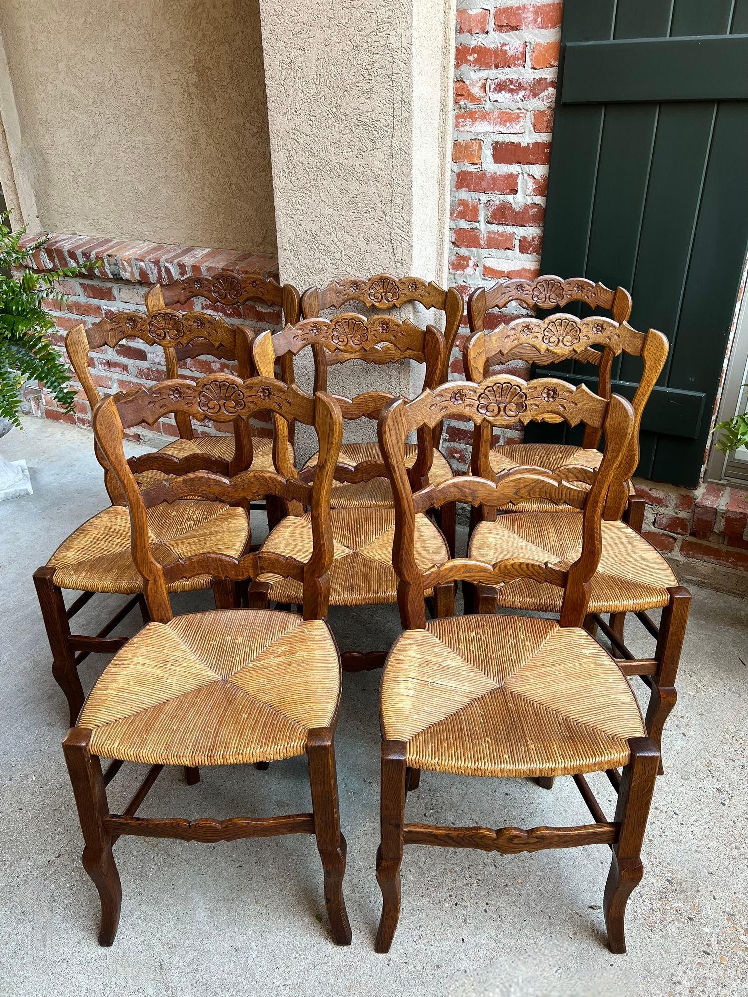 Set 8 Antique French Country Dining Chairs Carved Oak Rush Seat Ladder Back For Sale 7