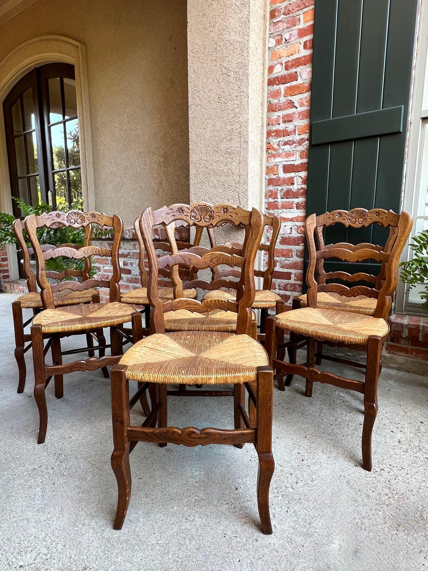 Set 8 Antique French Country Dining Chairs Carved Oak Rush Seat Ladder Back For Sale 8