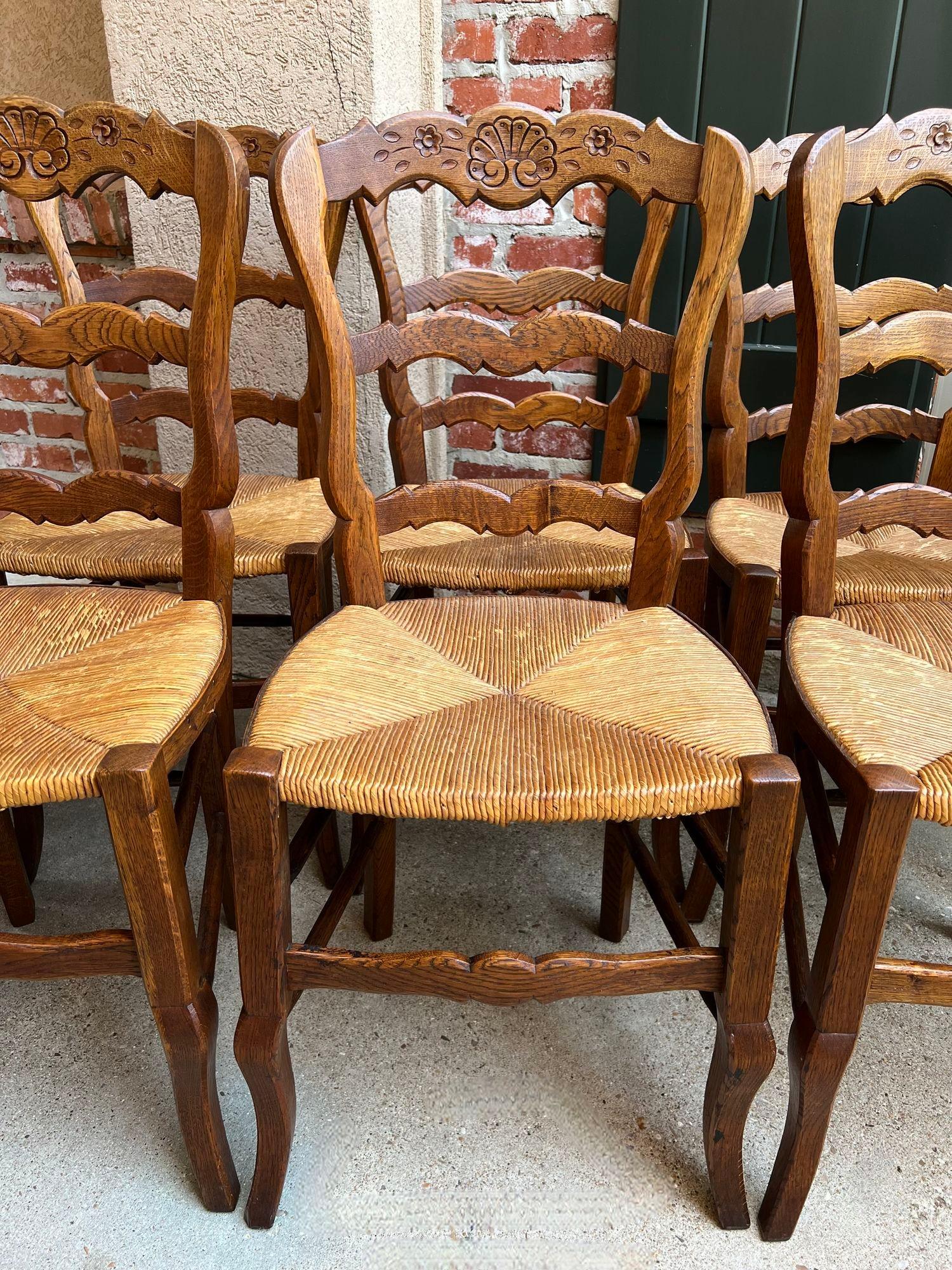 Set 8 Antique French Country Dining Chairs Carved Oak Rush Seat Ladder Back For Sale 9
